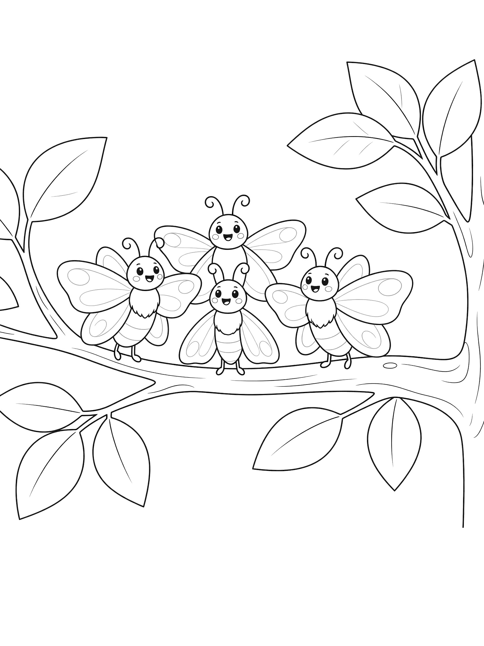 Black and white line art coloring page showing four cartoon butterflies on a tree branch surrounded by leaves. Moth themed black and white printable line art