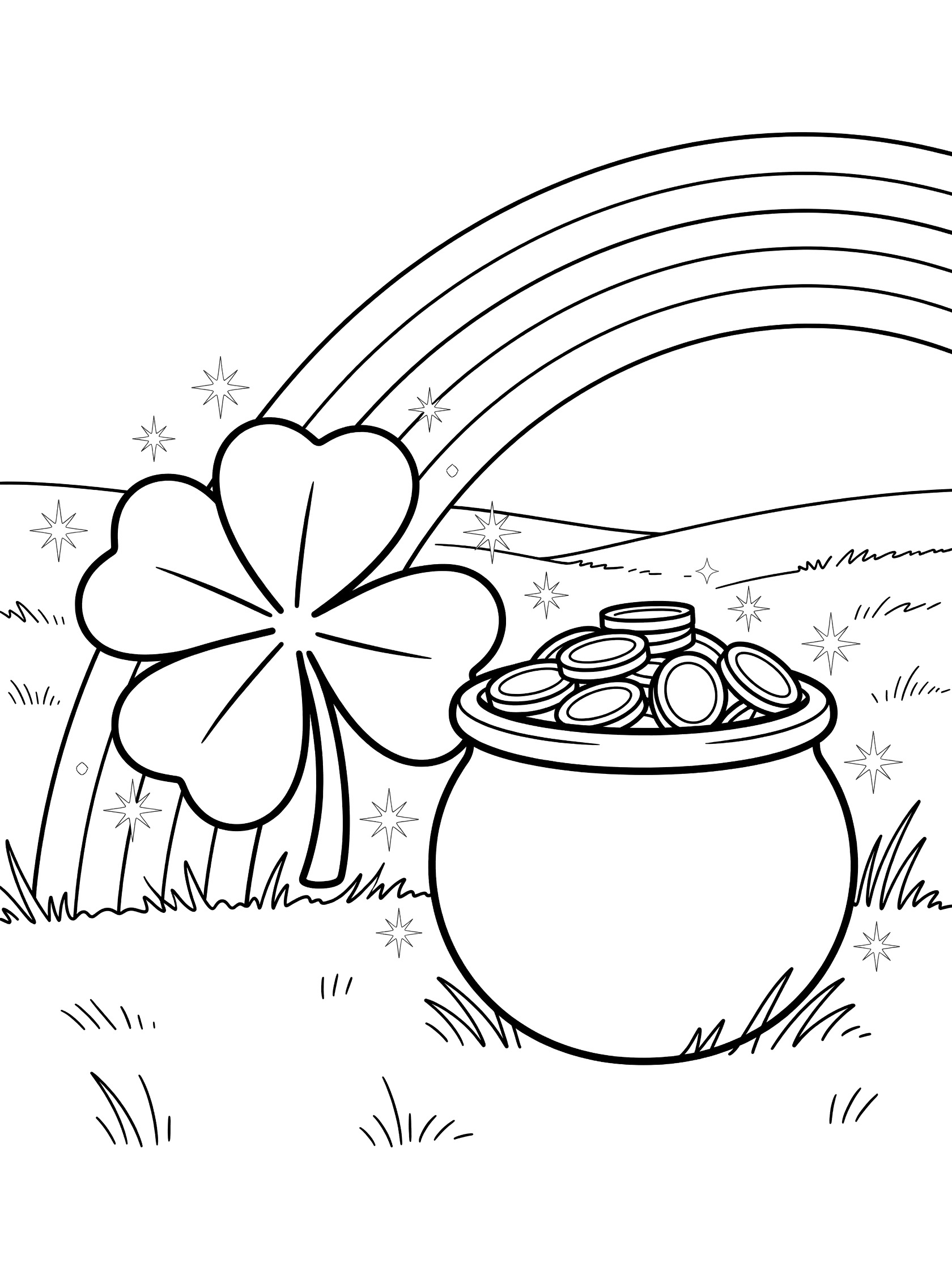 Line art coloring page showing a four-leaf clover beside a pot overflowing with gold coins at the end of a curving rainbow with sparkles and green fields for St. Patrick's Day