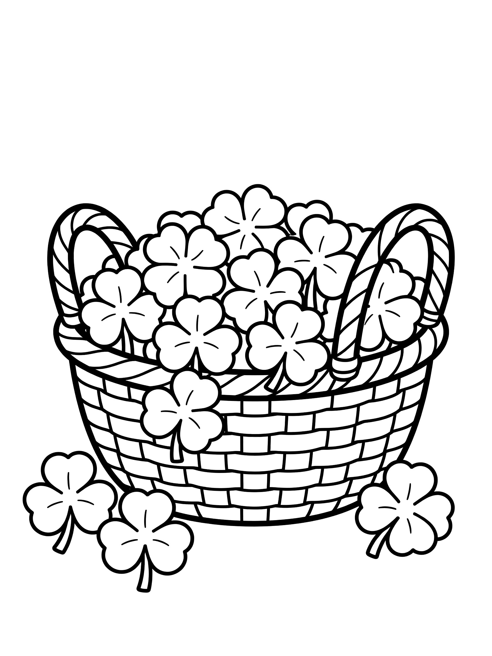Black and white line art coloring page showing a cute woven basket overflowing with fluffy four-leaf clovers and a few clovers on the ground.