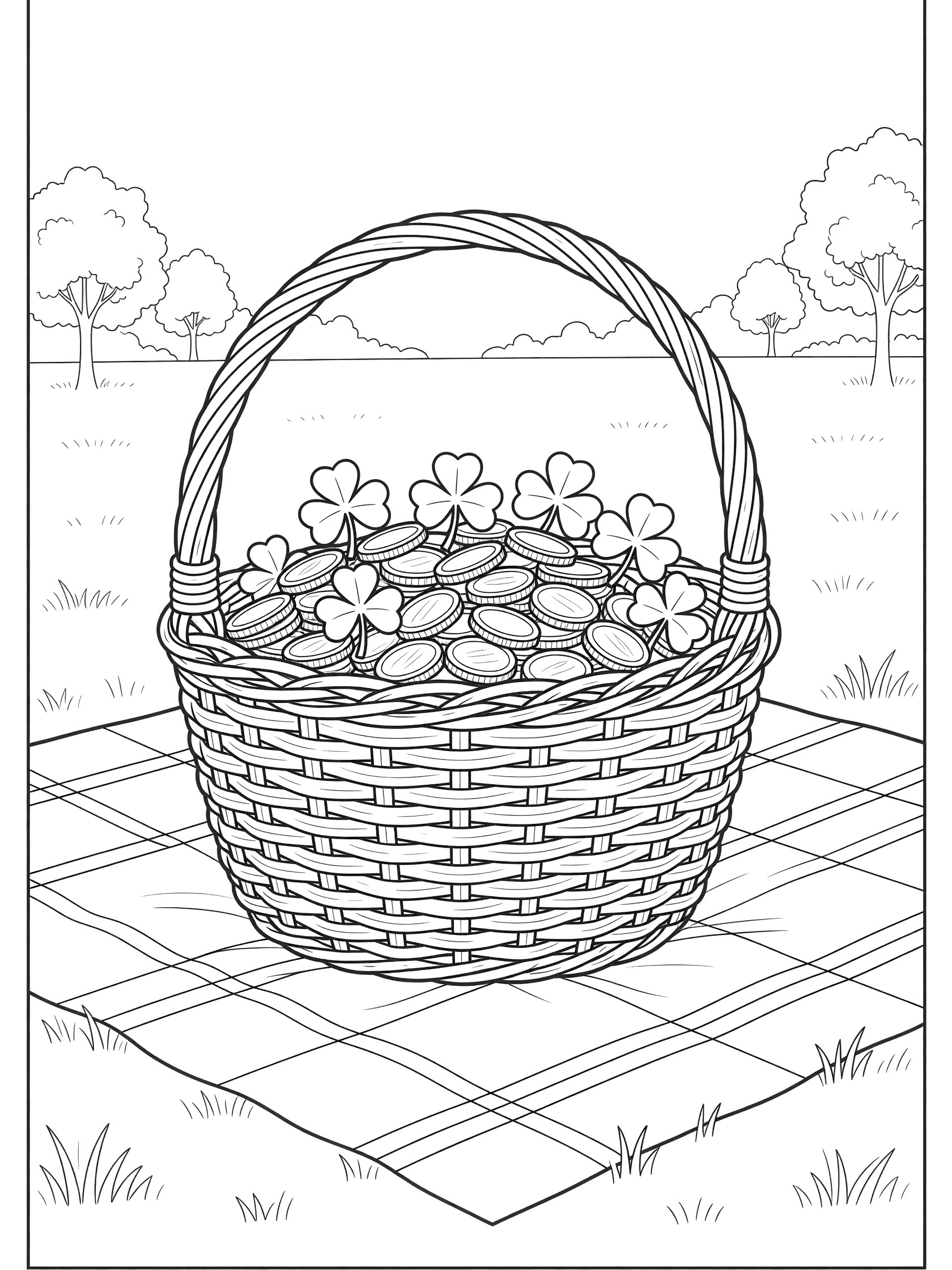 Black and white line art coloring page of a four-leaf clover woven basket holding shiny coins and shamrocks on a checkered picnic blanket with grass and trees in a park