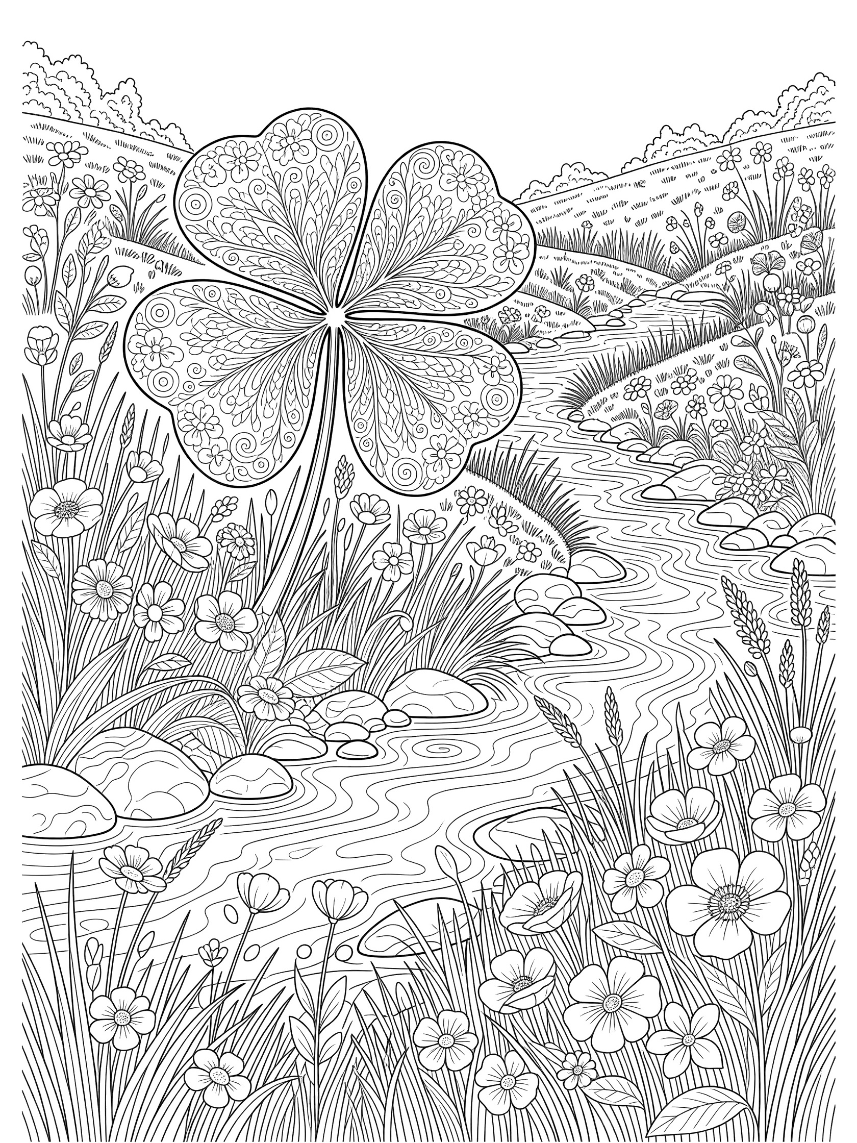 Black and white line art coloring page showing a large four-leaf clover with detailed patterns beside a flowing stream, surrounded by meadow grasses, wildflowers, and pebbles.