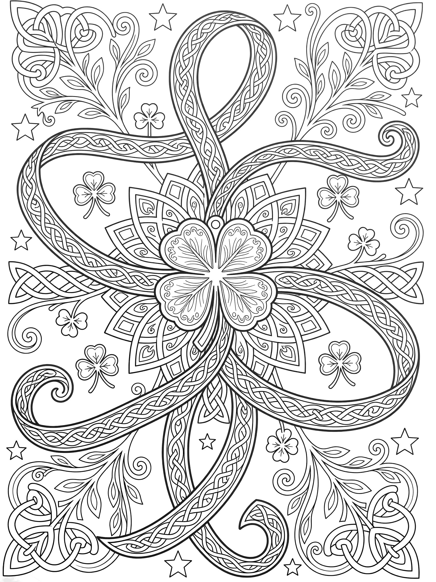 Black and white coloring page of a four-leaf clover charm on a long flowing ribbon with Celtic knots, smaller clovers, fantasy vines, swirls, and lucky stars for St. Patrick's Day.