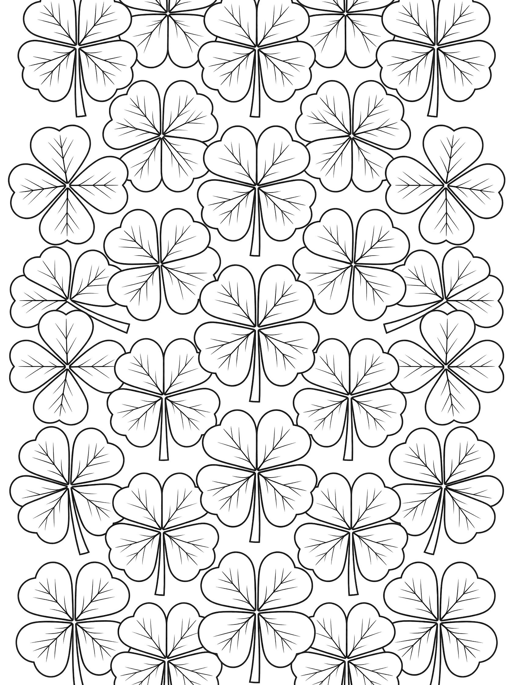 Line art coloring page showing a full-page cluster of stylized four-leaf clovers with clean outlines, precise veins, and overlapping edges on white background.