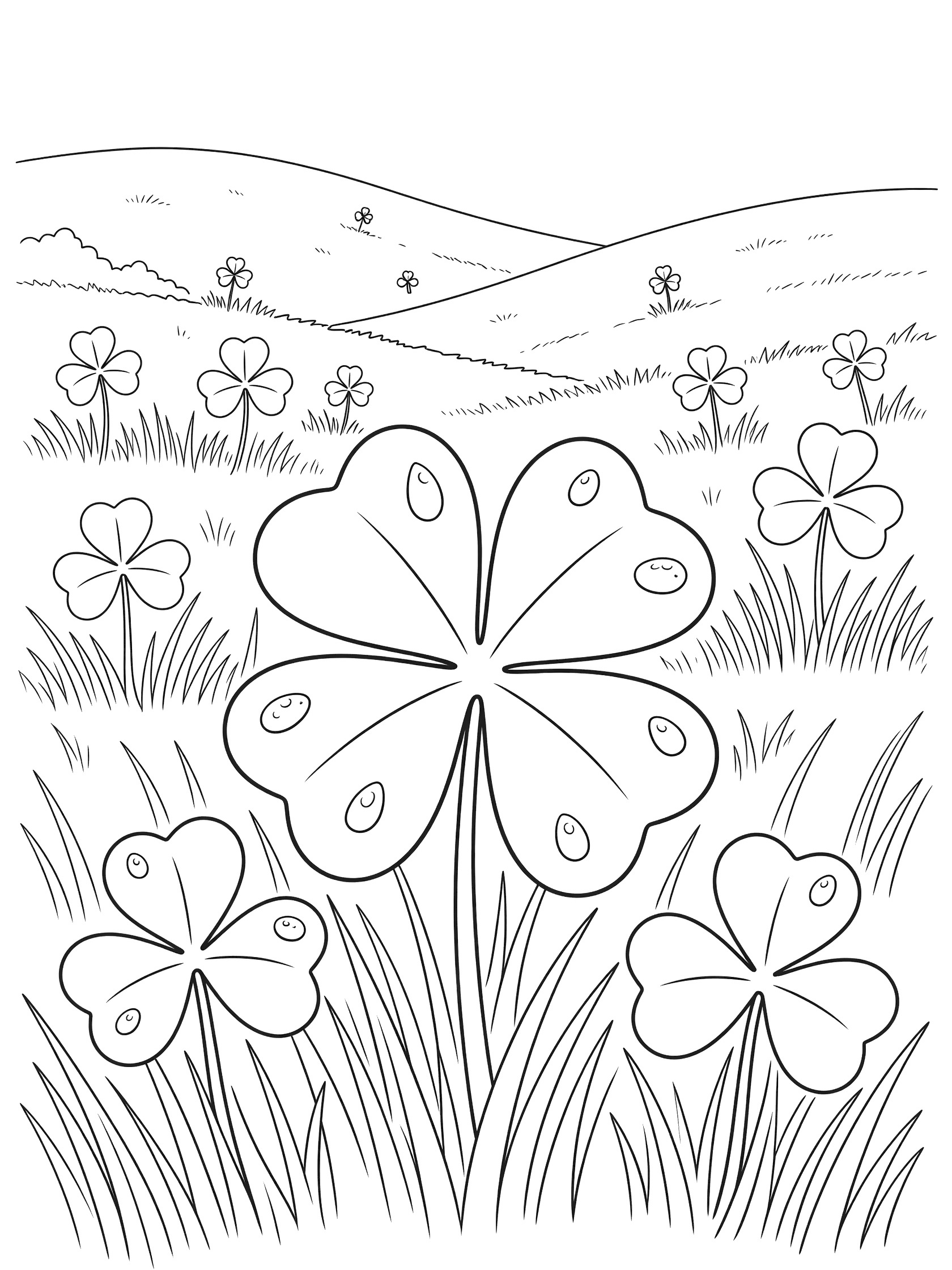 Black and white line art of a large four-leaf clover with dew drops, three-leaf shamrocks in grass, and distant hills for kids to color