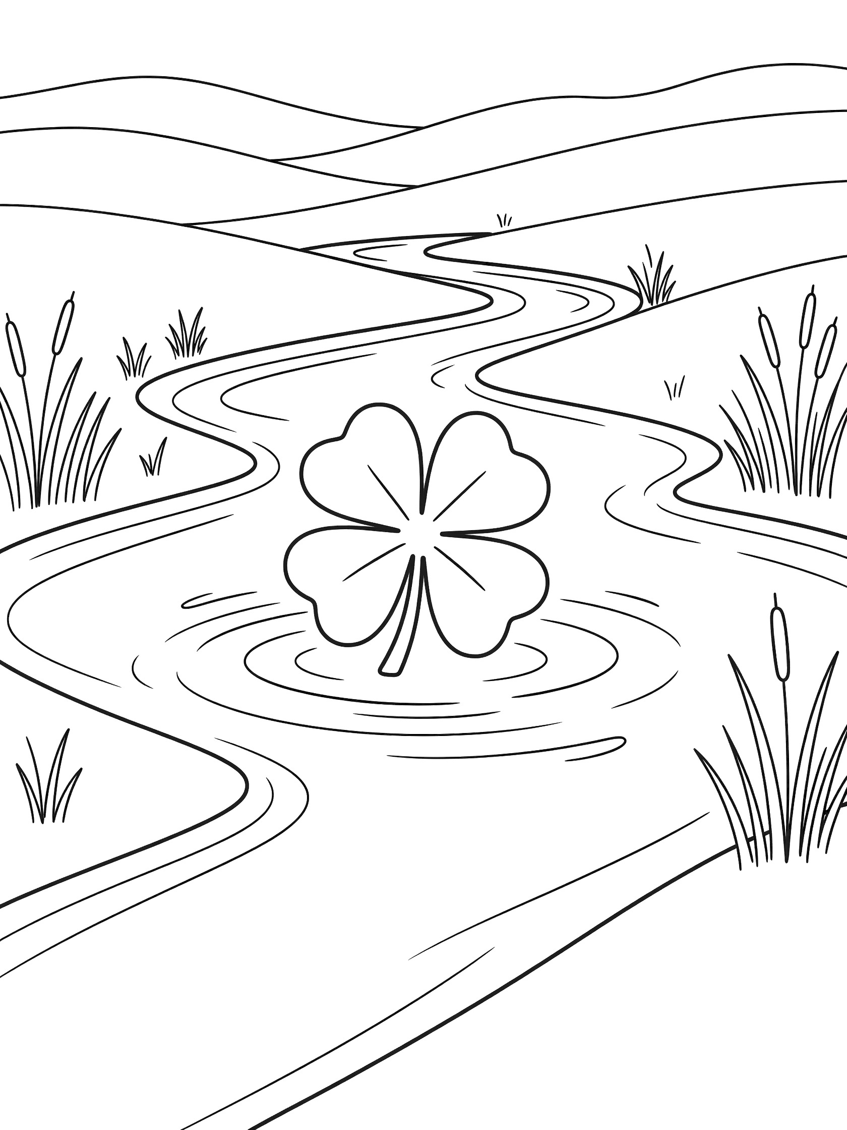 Black and white line art coloring page showing a four-leaf clover floating downstream in a winding river lined with reeds and hills for St. Patrick's Day