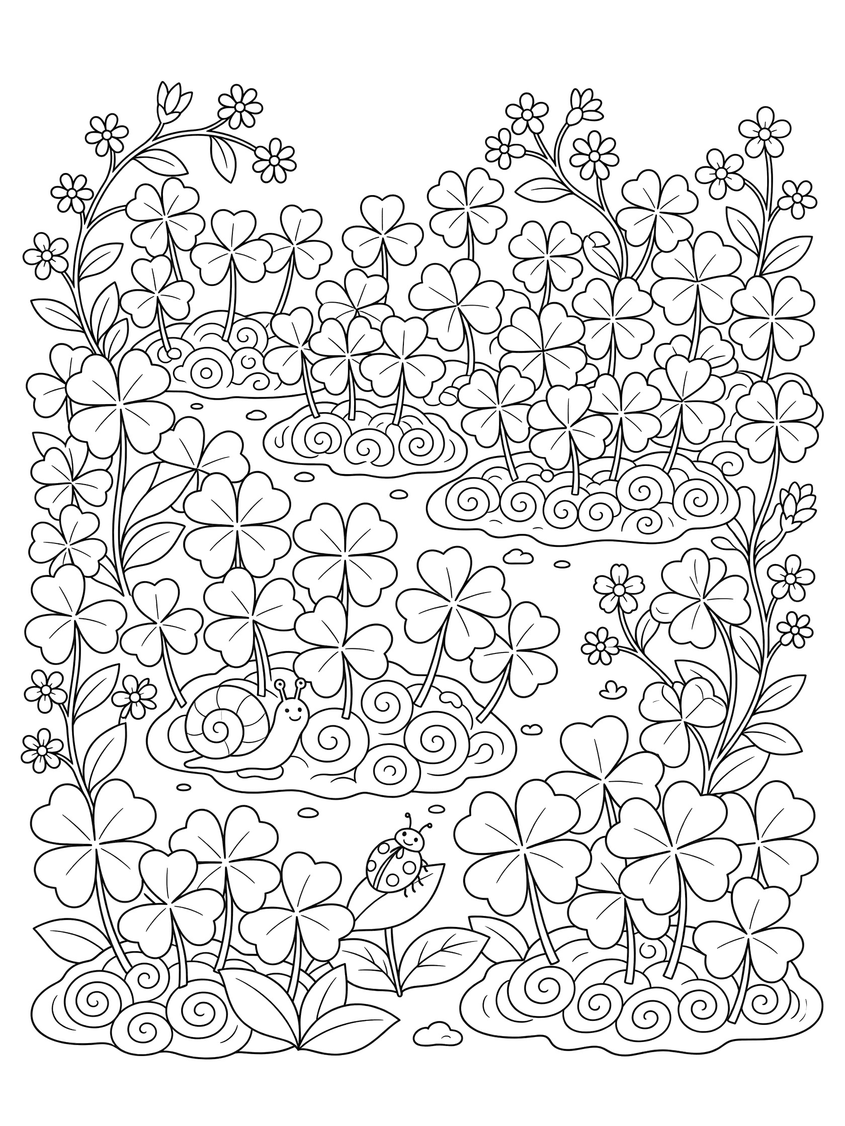 Black and white line art coloring page of a garden patch with four-leaf clovers growing from curly soil, surrounded by three-leaf clovers, vines, tiny flowers, a snail, and a ladybug.