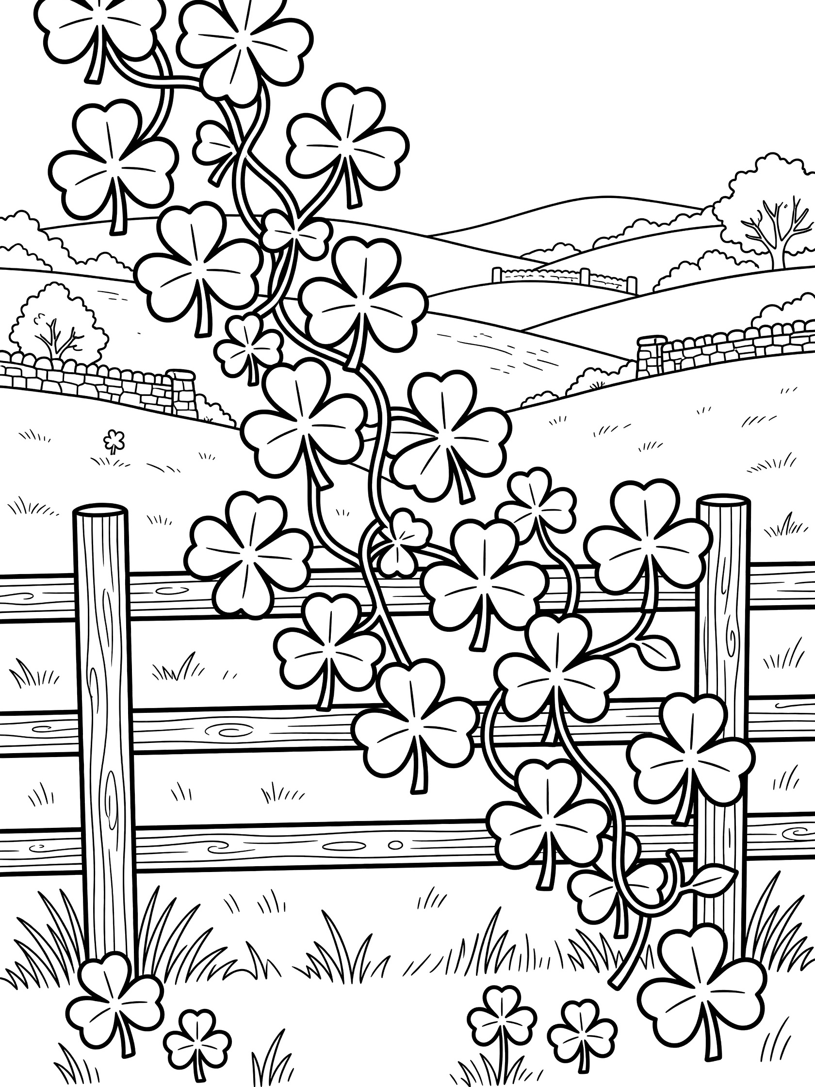 Black-and-white coloring page of interconnected four-leaf clovers forming a garland hanging over a wooden fence with hills and trees in the background