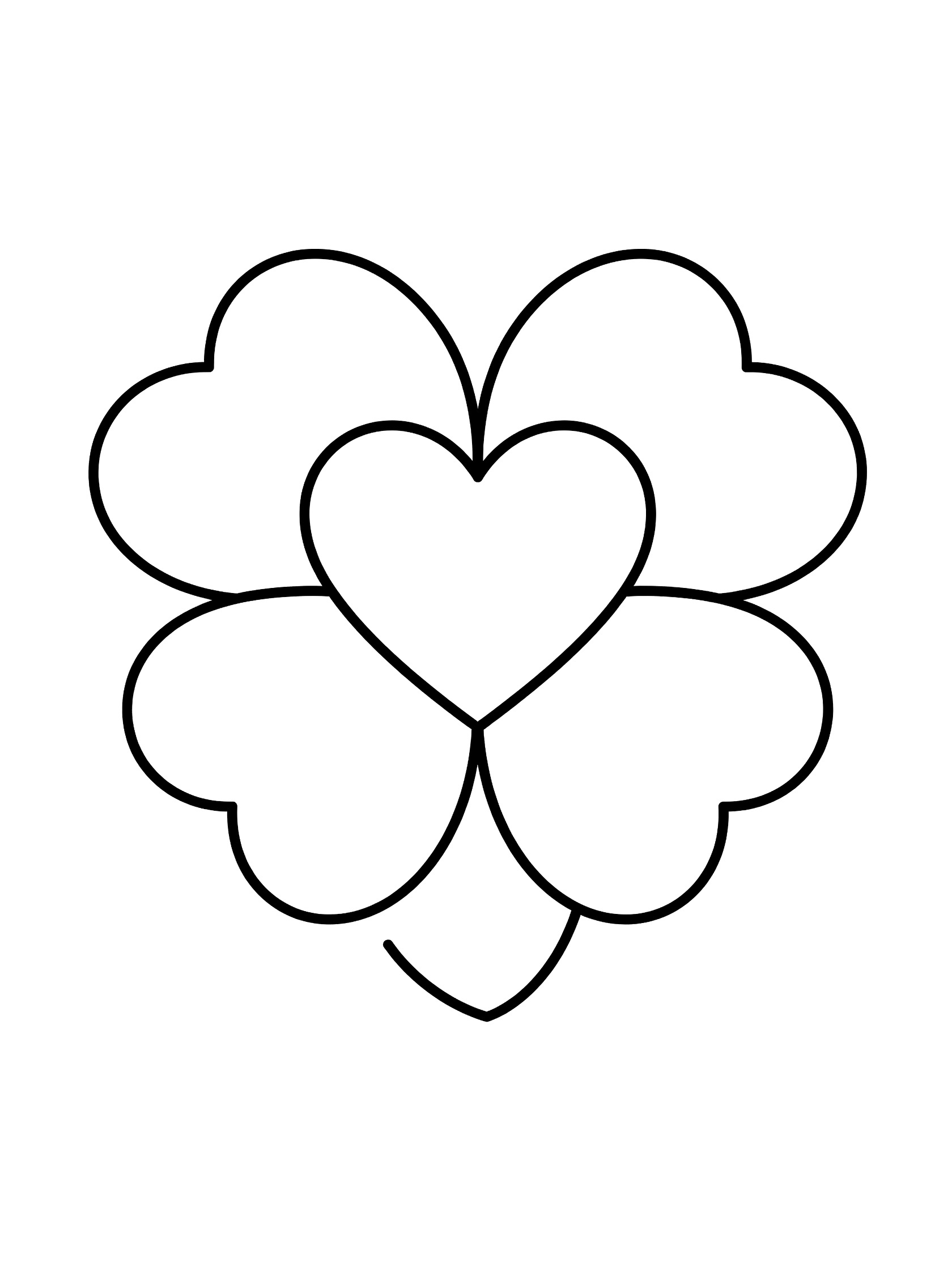 Black and white coloring page of a four leaf clover formed into a heart shape with smooth curved edges