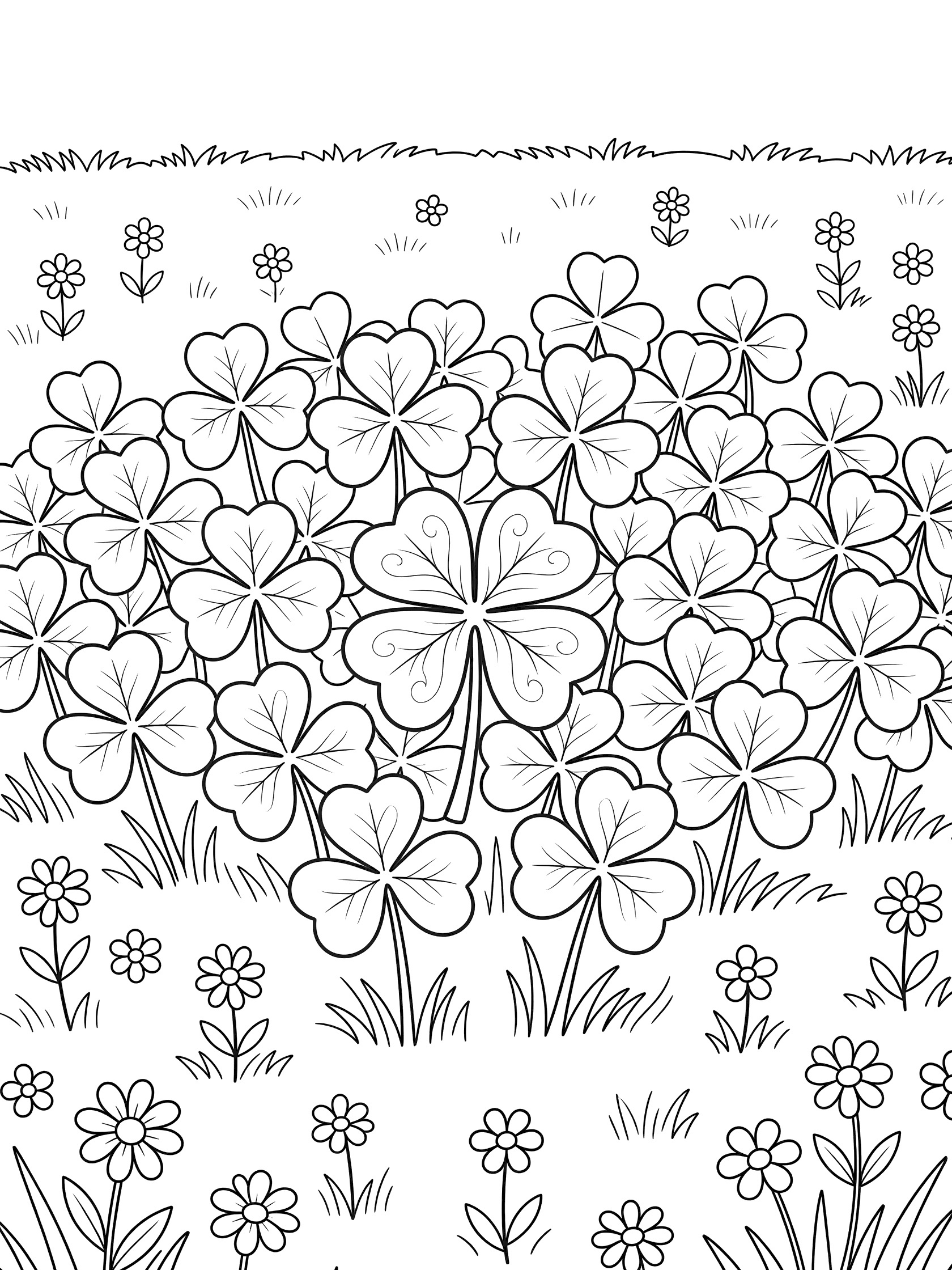 Black and white line art coloring page showing a four-leaf clover hidden in a patch of shamrocks with wildflowers and grass in an open field for St. Patrick's Day