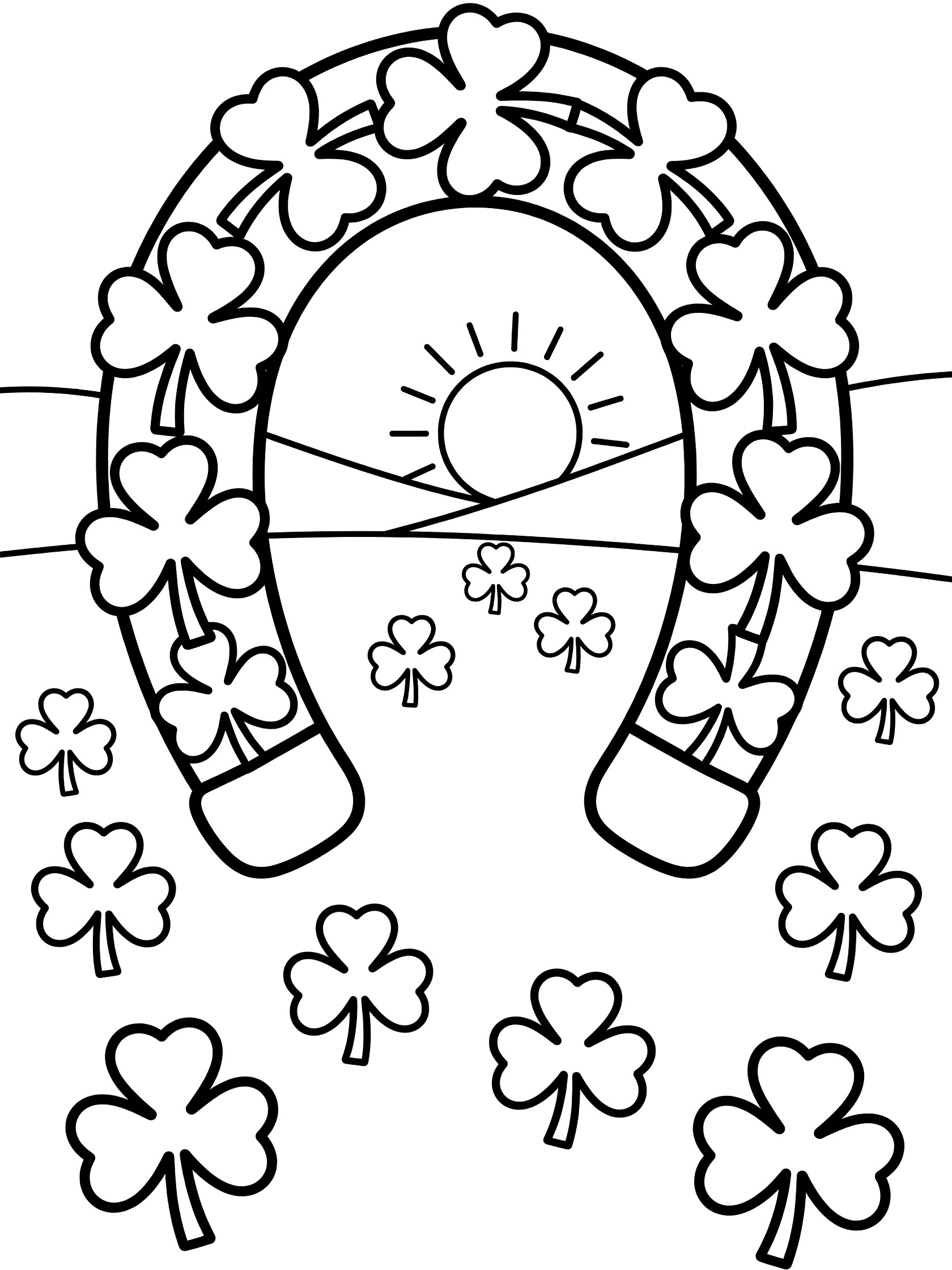 Black and white line art coloring page of a U-shaped horseshoe formed by four-leaf clovers hanging upside down over a sunny Irish meadow with scattered shamrocks.