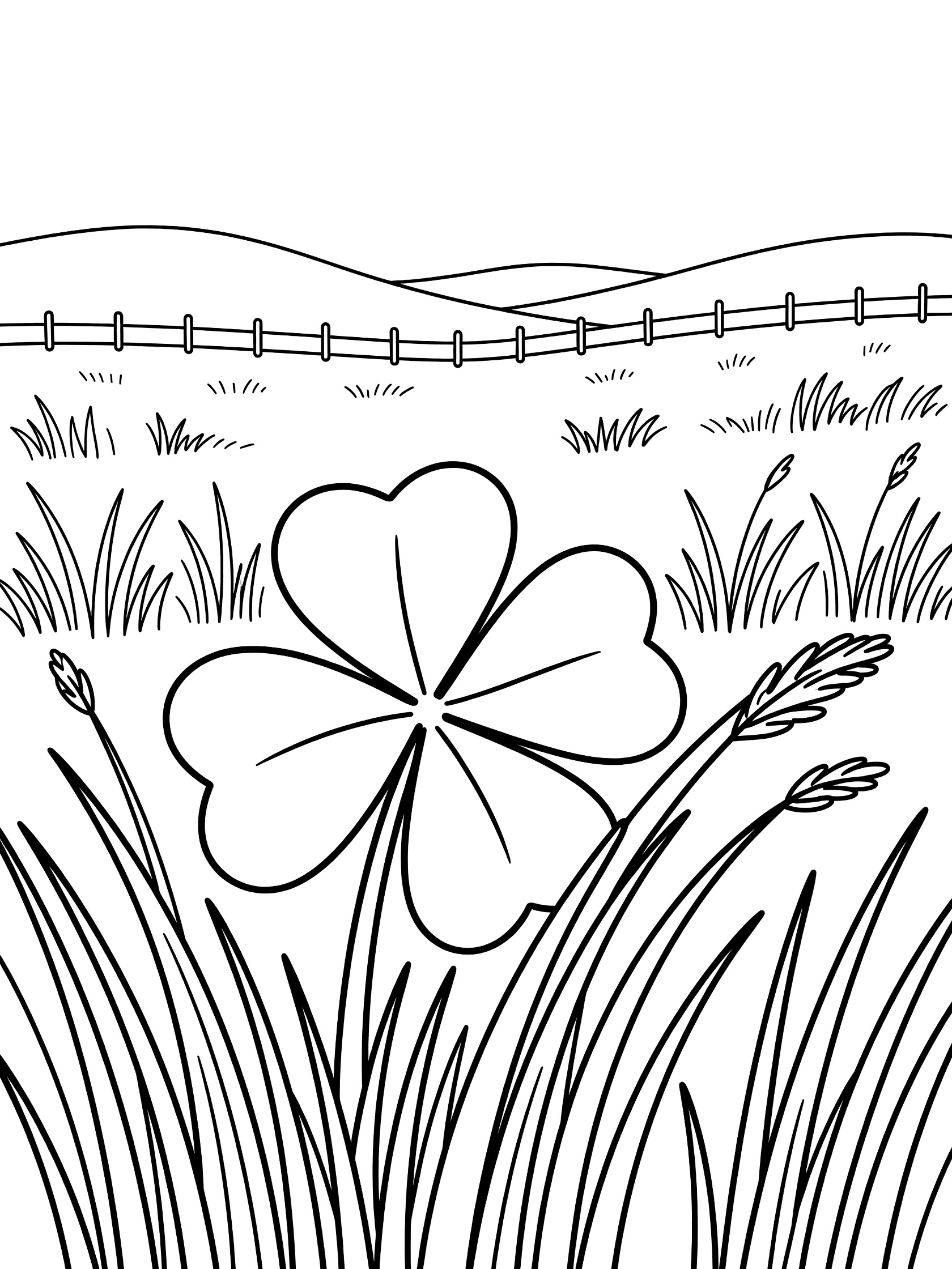 Black-and-white line art coloring page showing a large four-leaf clover partially hidden in tall grass blades of an Irish meadow, with rolling hills and a simple fence in the background