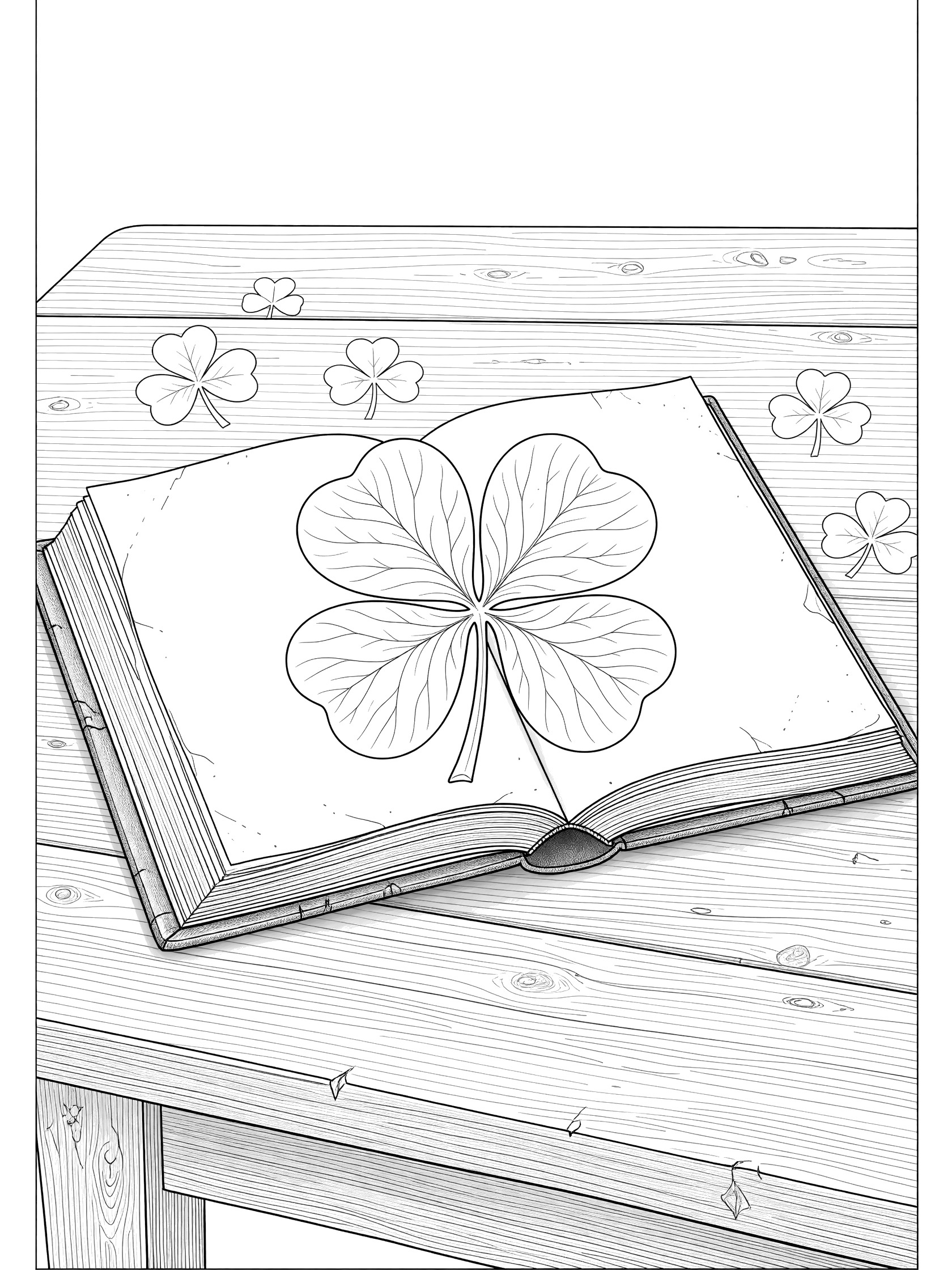Black and white line art coloring page showing a detailed four-leaf clover pressed between the pages of an open antique book on a wooden table with nearby shamrocks.