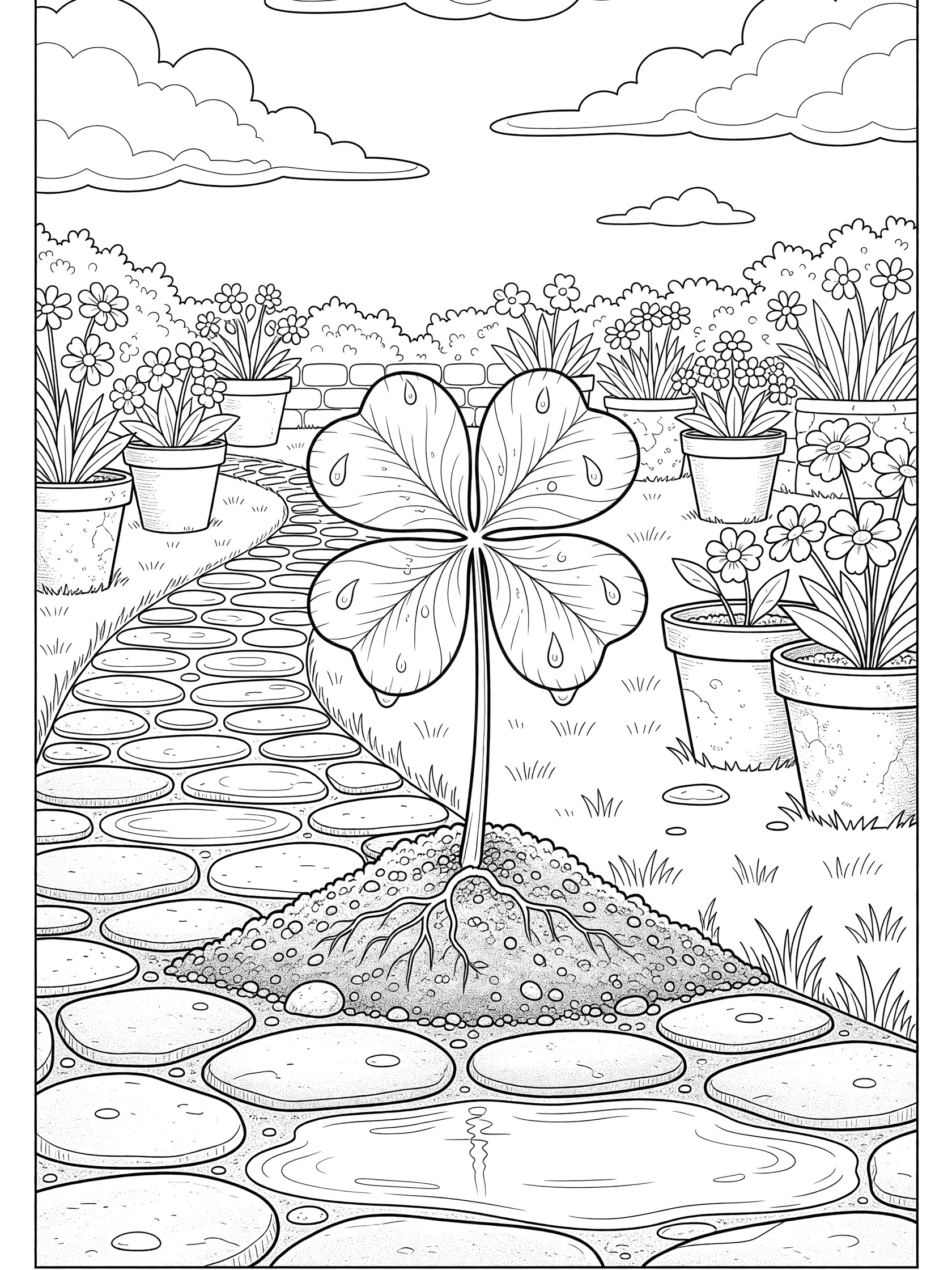 Black and white line art of a four-leaf clover sprouting from soil in a cozy garden with stone path, flower pots, rain puddles, and water droplets on leaves under cloudy sky