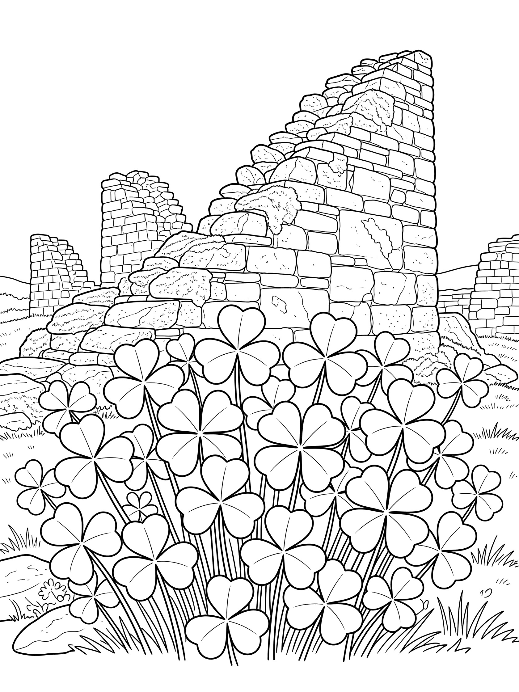 Black and white coloring page of four-leaf clovers blooming around a tall crumbling stone wall in an Irish ruin for St. Patrick's Day.