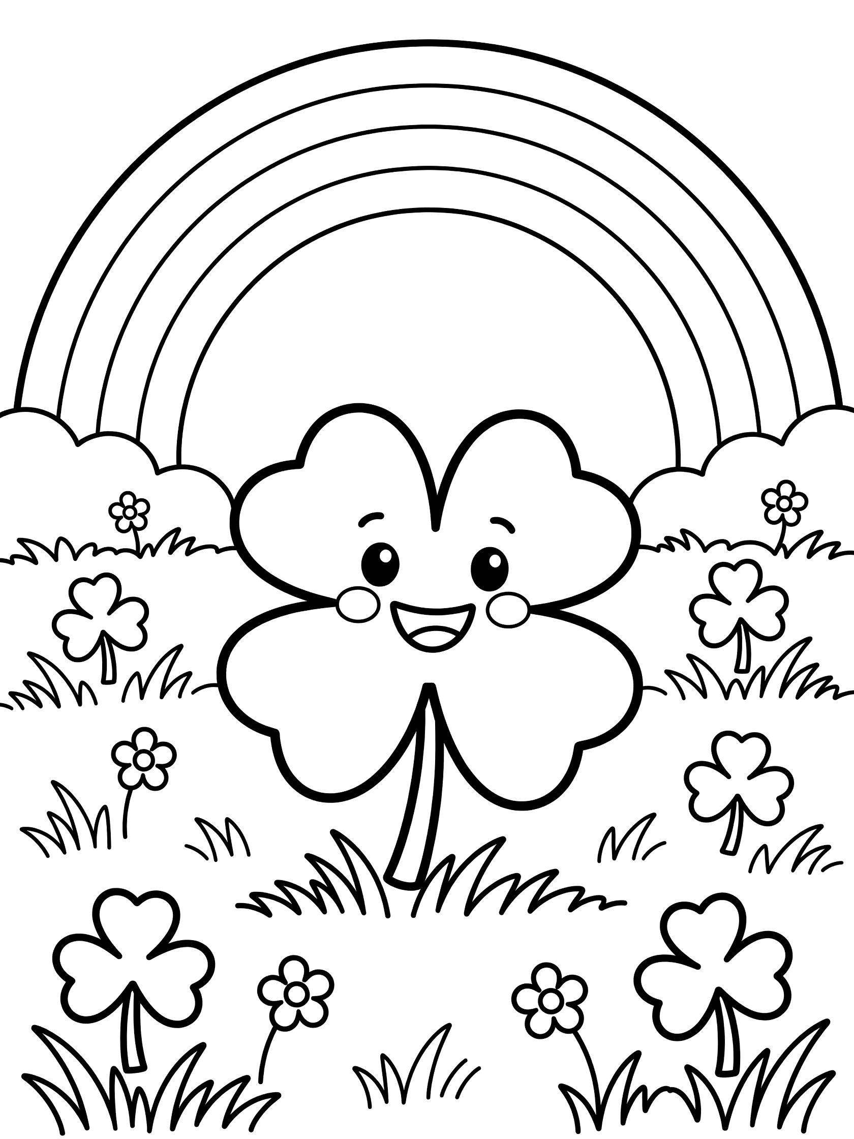 Printable coloring page showing a happy four-leaf clover with smiling face sitting in a grassy meadow under a large arched rainbow, surrounded by shamrock leaves and tiny flowers.