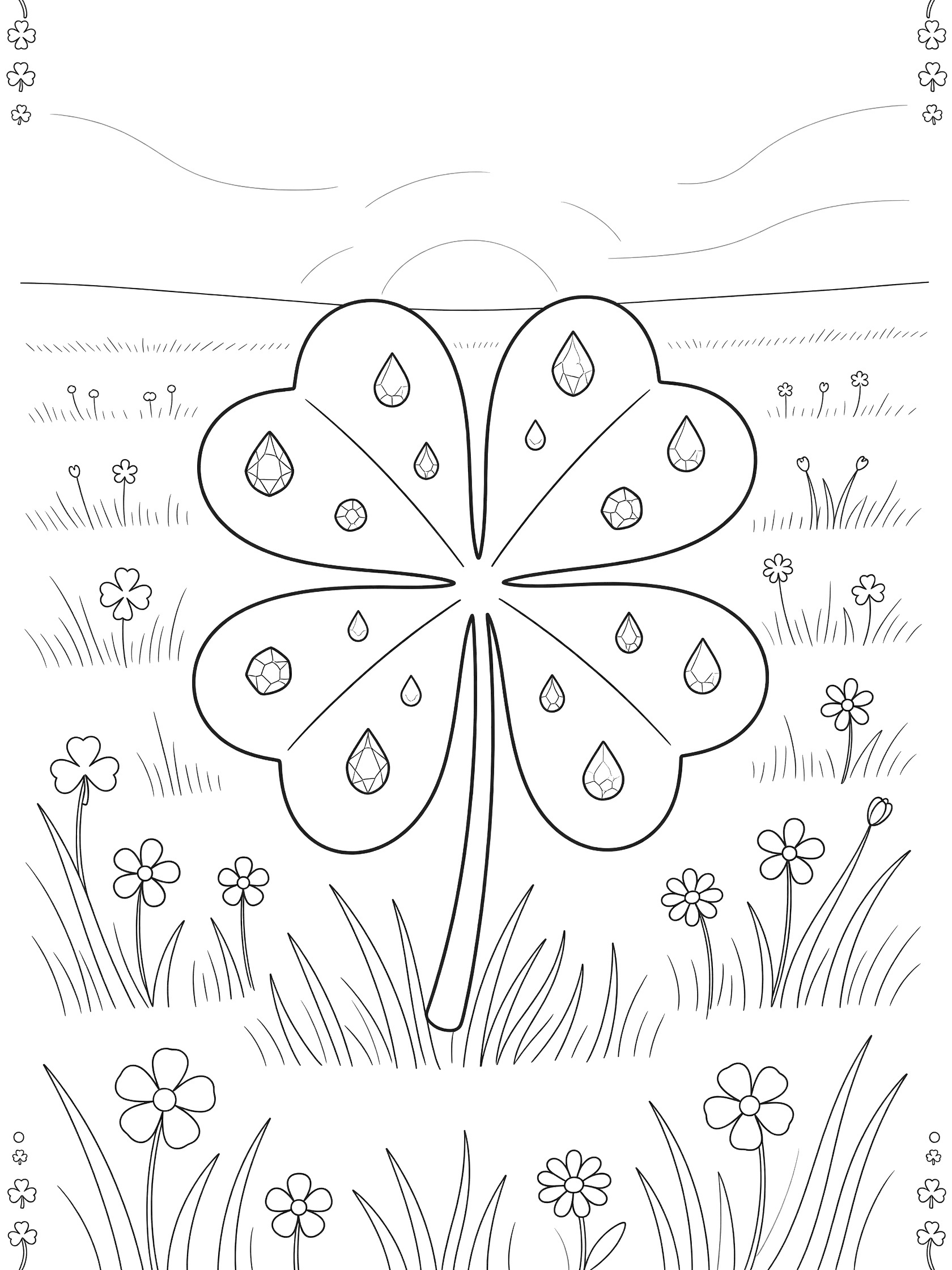Black and white line art of a four-leaf clover with dewdrops on each leaf, in a meadow with grass, flowers, rising sun, and clover border for coloring.