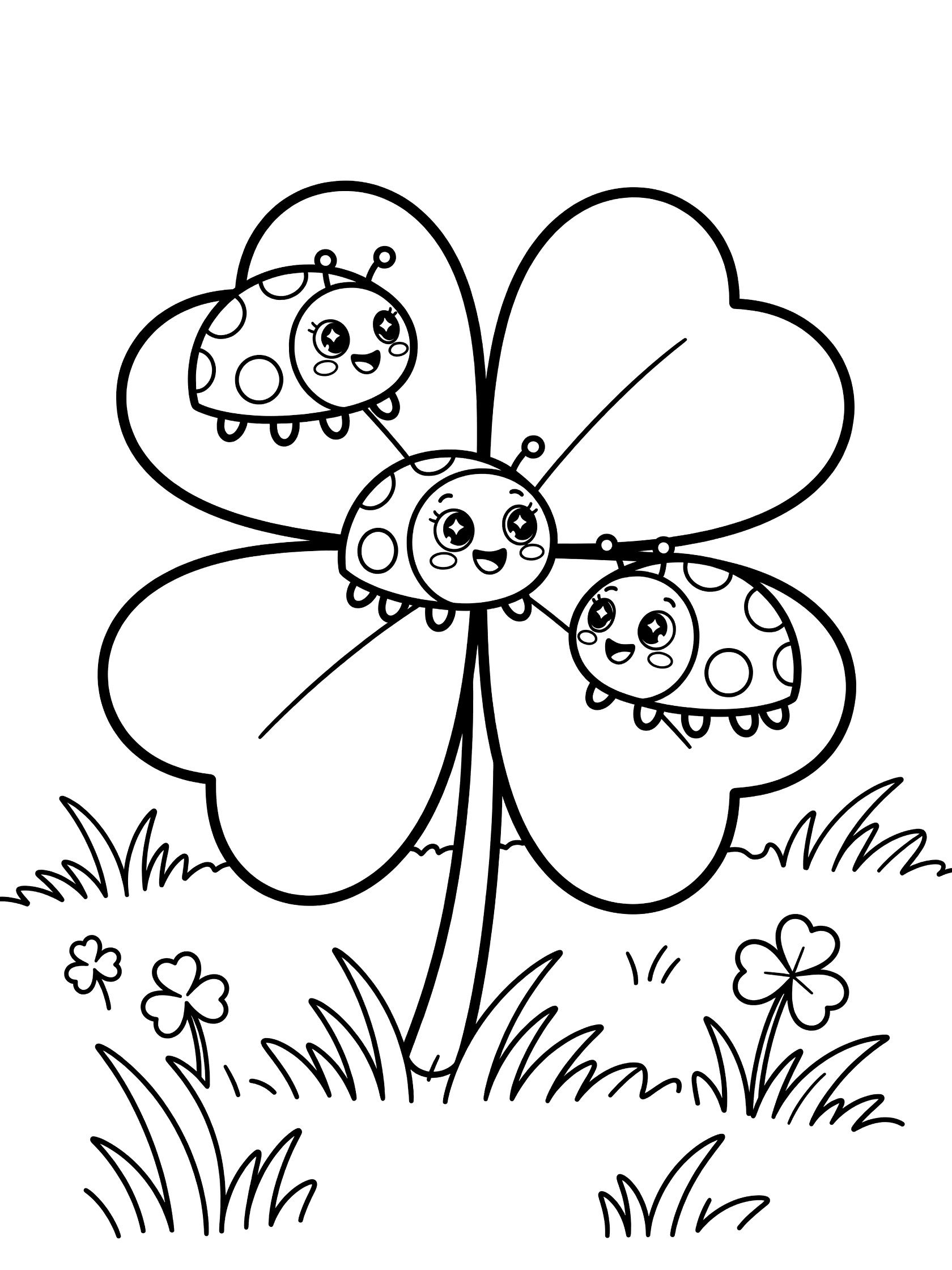Kawaii black and white line art of a four-leaf clover with three chubby ladybugs crawling on the leaves, surrounded by grass and tiny shamrocks.