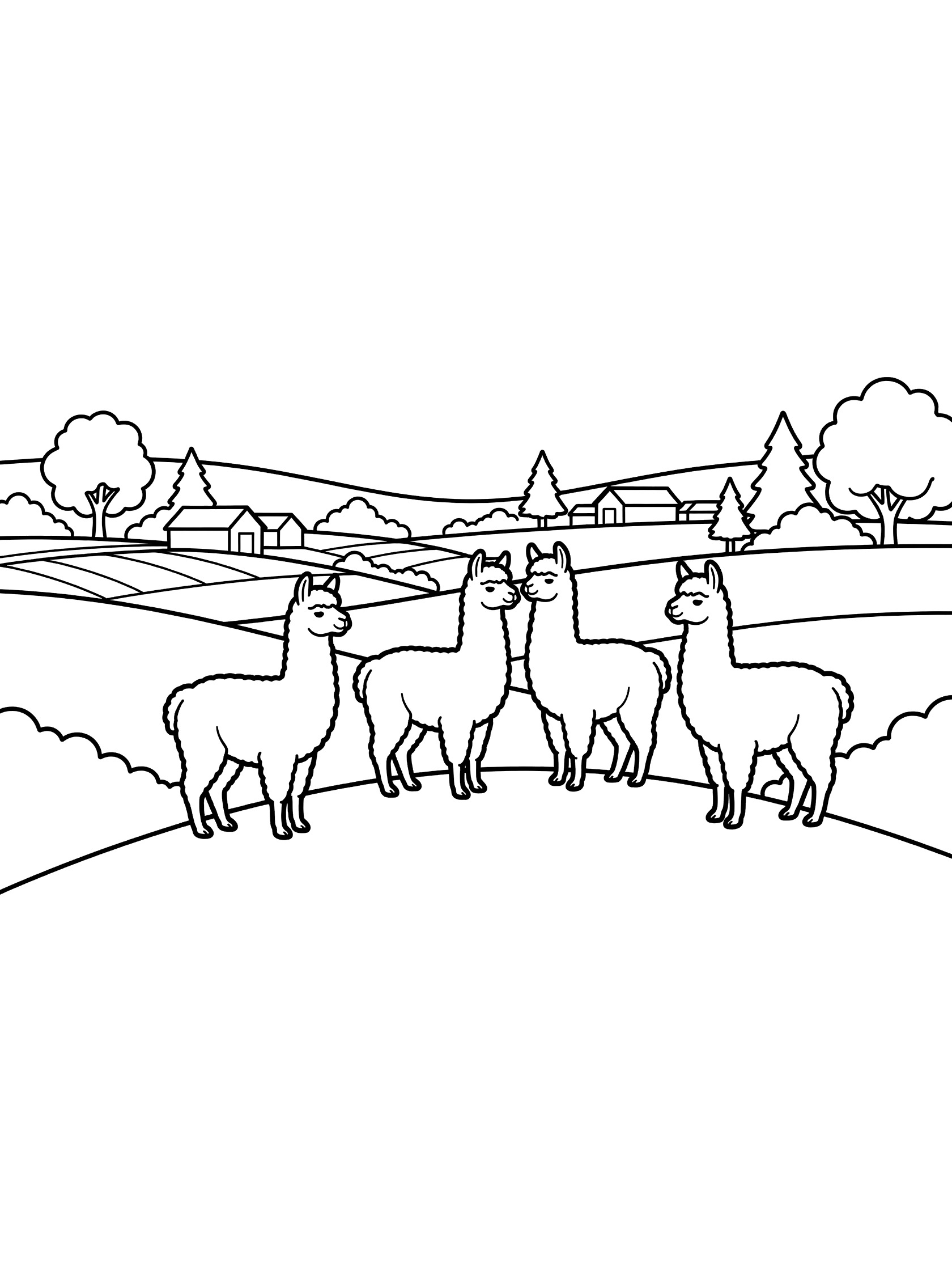 Black and white line art coloring page showing four llamas on a grassy hill overlooking a farm valley with fields, trees, and houses.