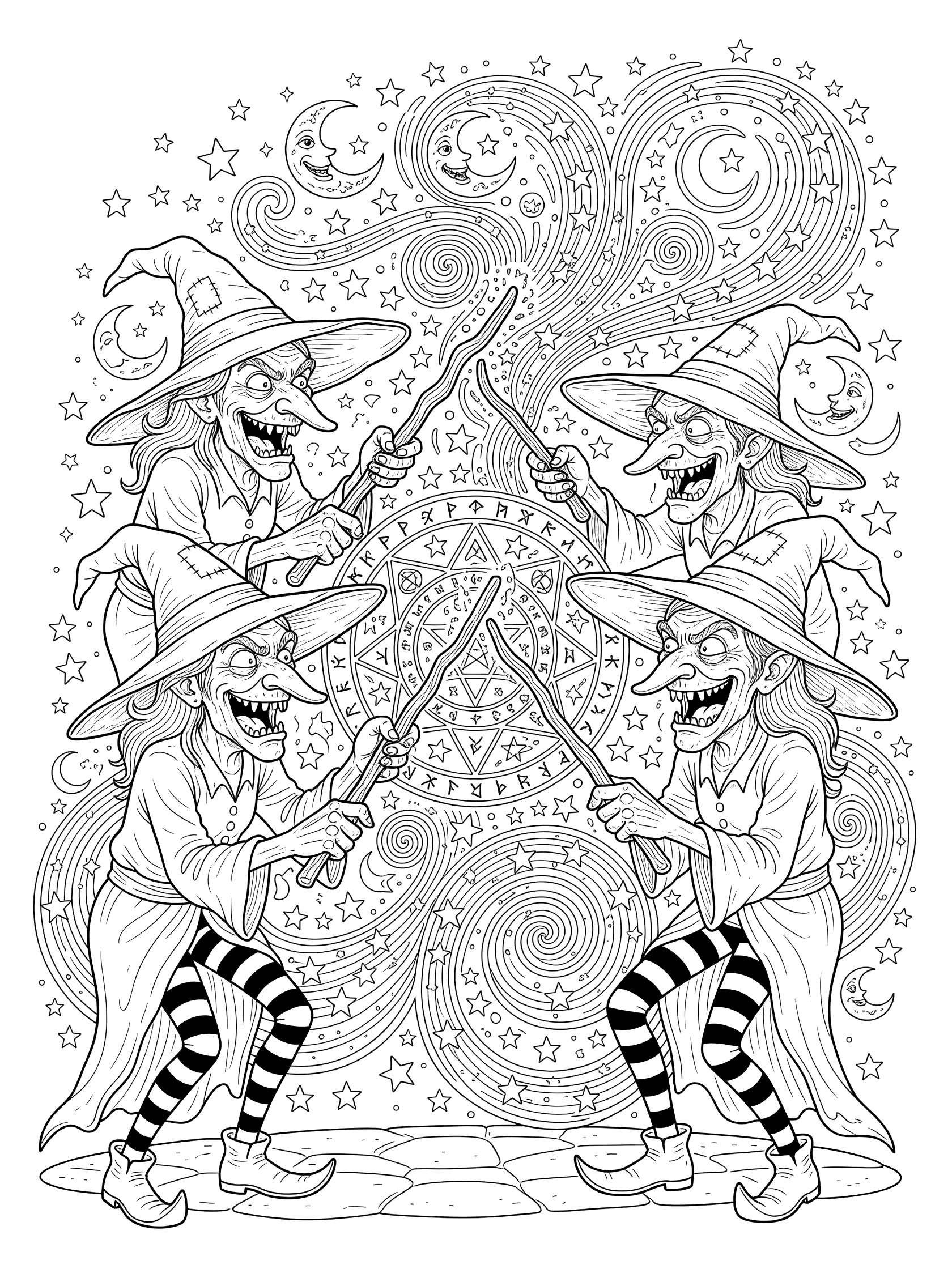 Black and white line art coloring page showing four witches in oversized hats and striped stockings pointing wands at a central magic circle with swirls of stars and moons. Ugly Witches themed black and white printable line art