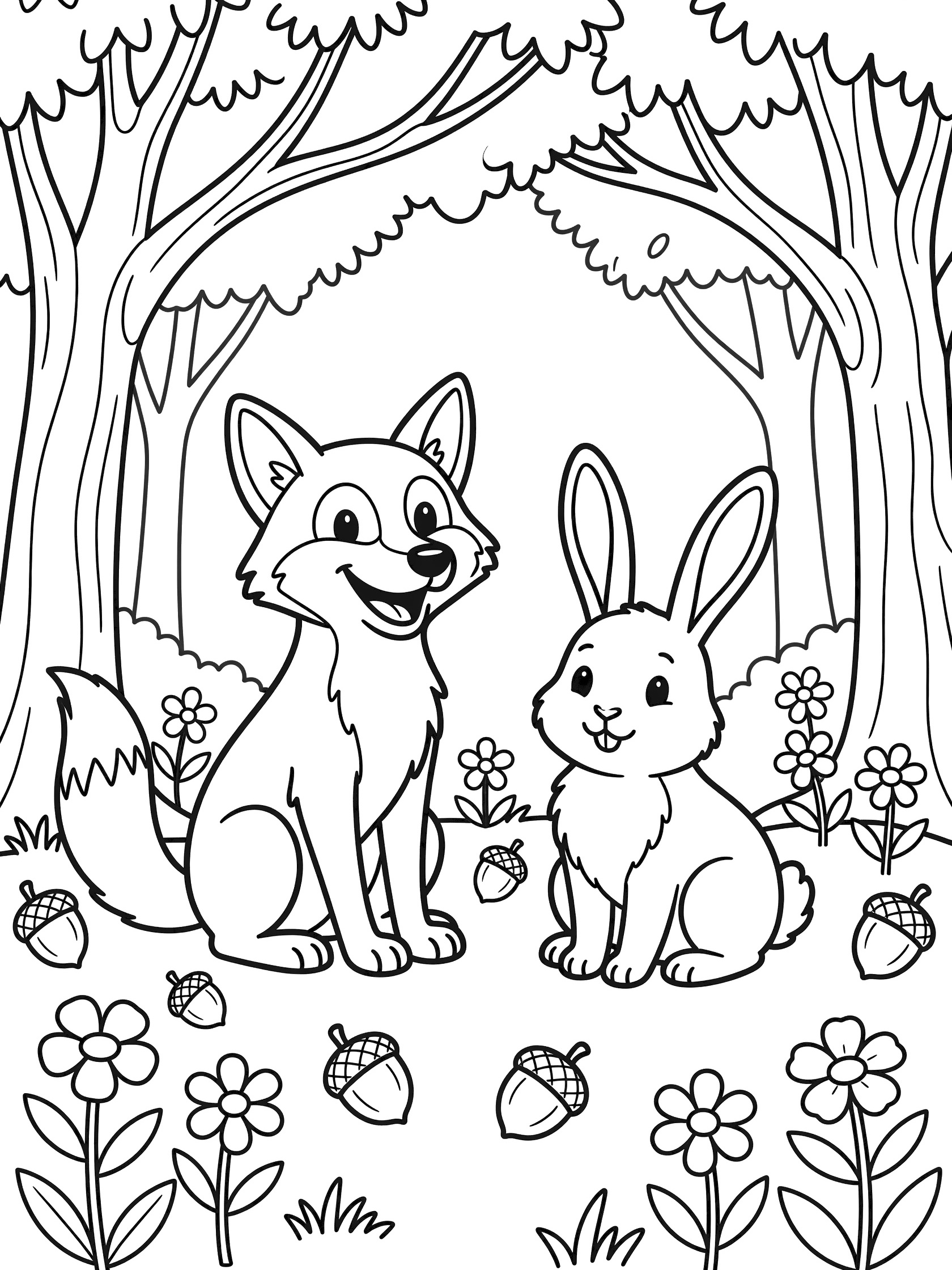 Printable coloring page showing a happy coyote and cute bunny sitting together in a forest with trees, acorns, and flowers. Clean line art for easy coloring.