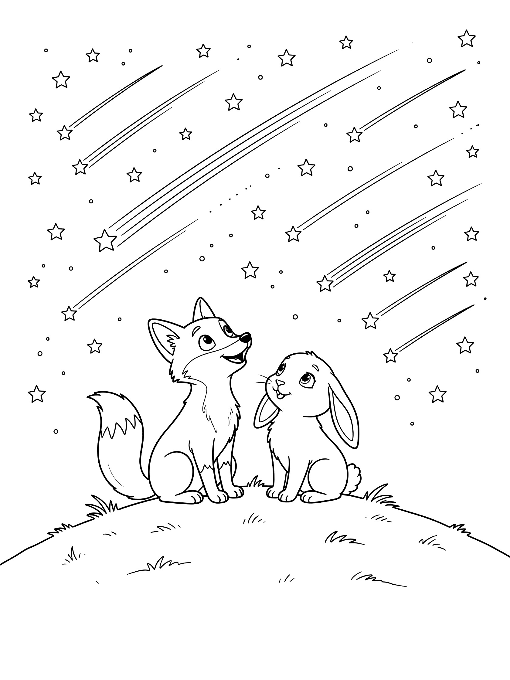 Black and white line art of a fox and bunny on a grassy hill looking up at a sky with many stars and streaking meteors. Meteor Shower themed black and white printable line art