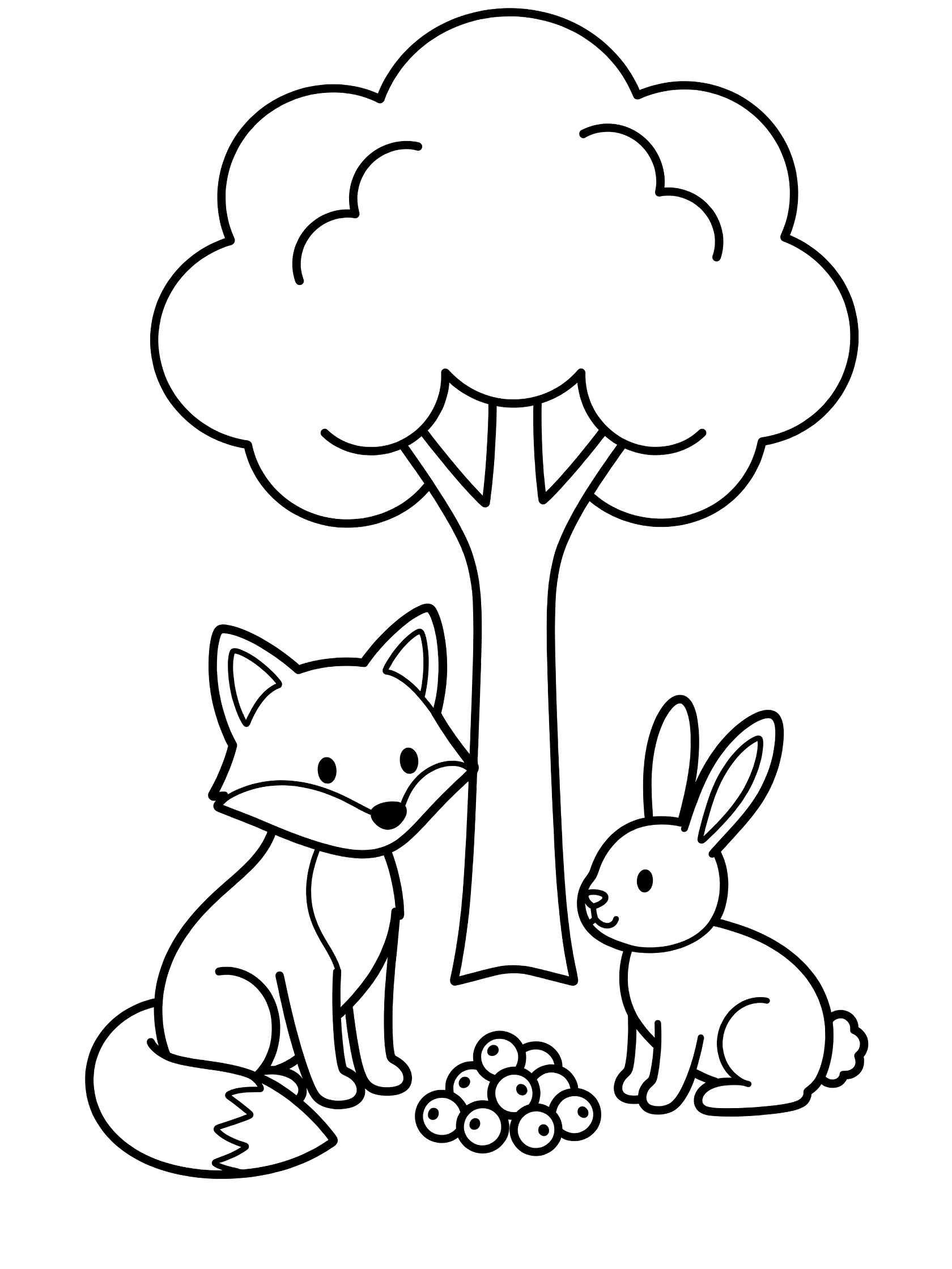 Black and white line art coloring page showing a fox and rabbit under a tree with berries between them
