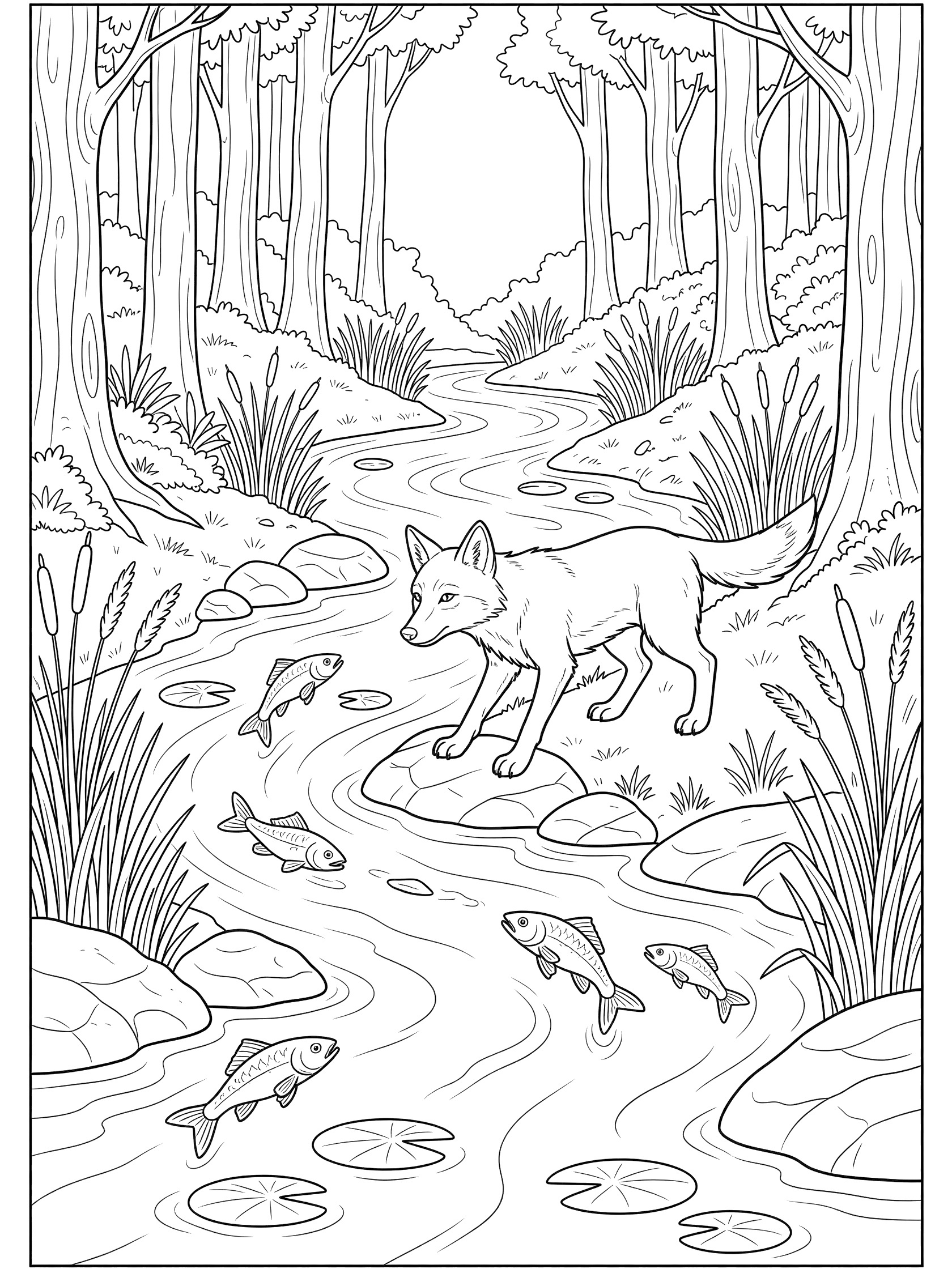 Black and white line art coloring page showing a fox standing by a stream in the forest, with fish jumping in the water, lily pads, reeds, rocks and trees. Coyote themed black and white printable line art