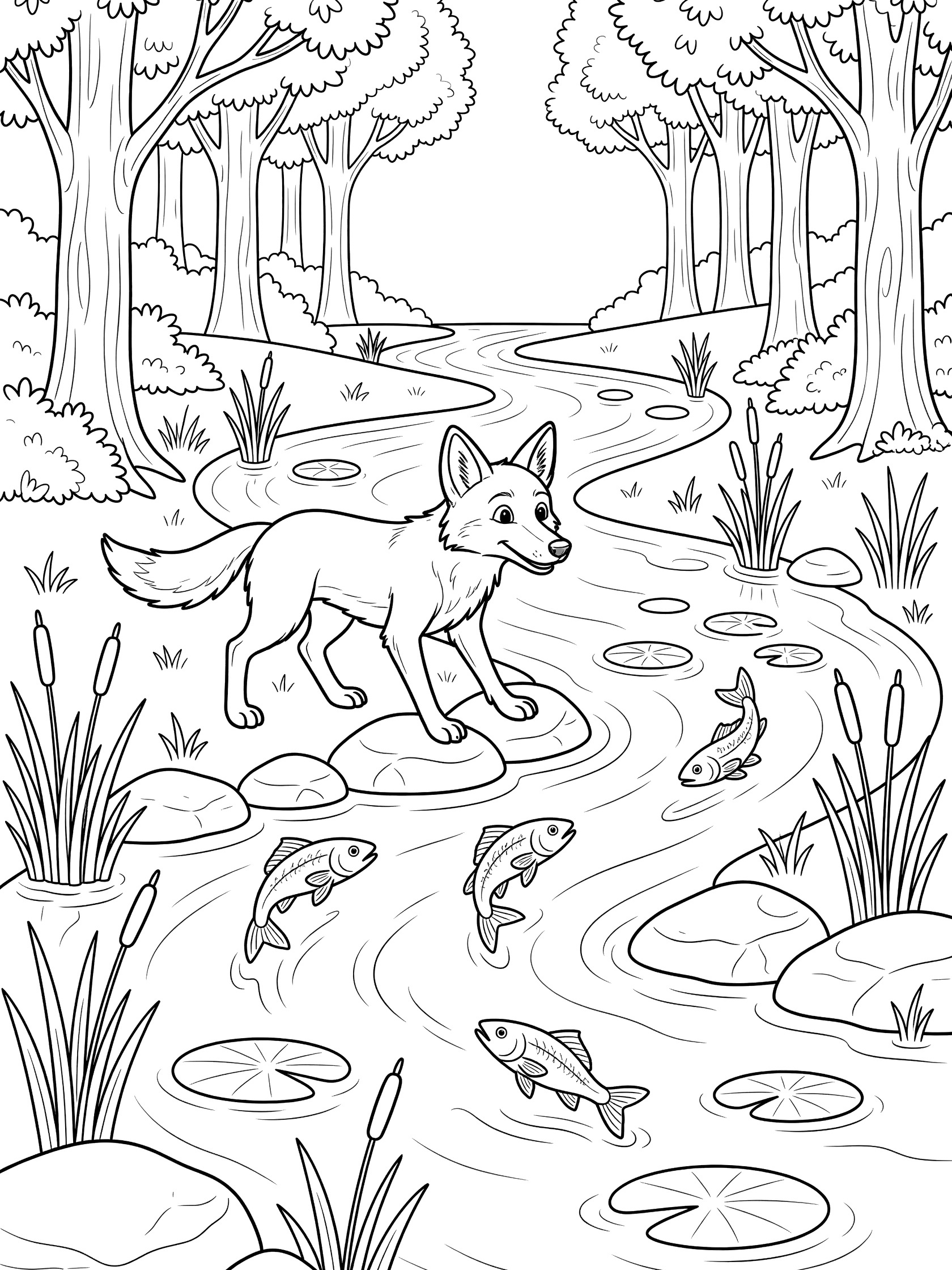 Black and white line art coloring page of a fox walking near a winding stream with jumping fish, lily pads, reeds, rocks and tall trees in a forest. Coyote themed black and white printable line art
