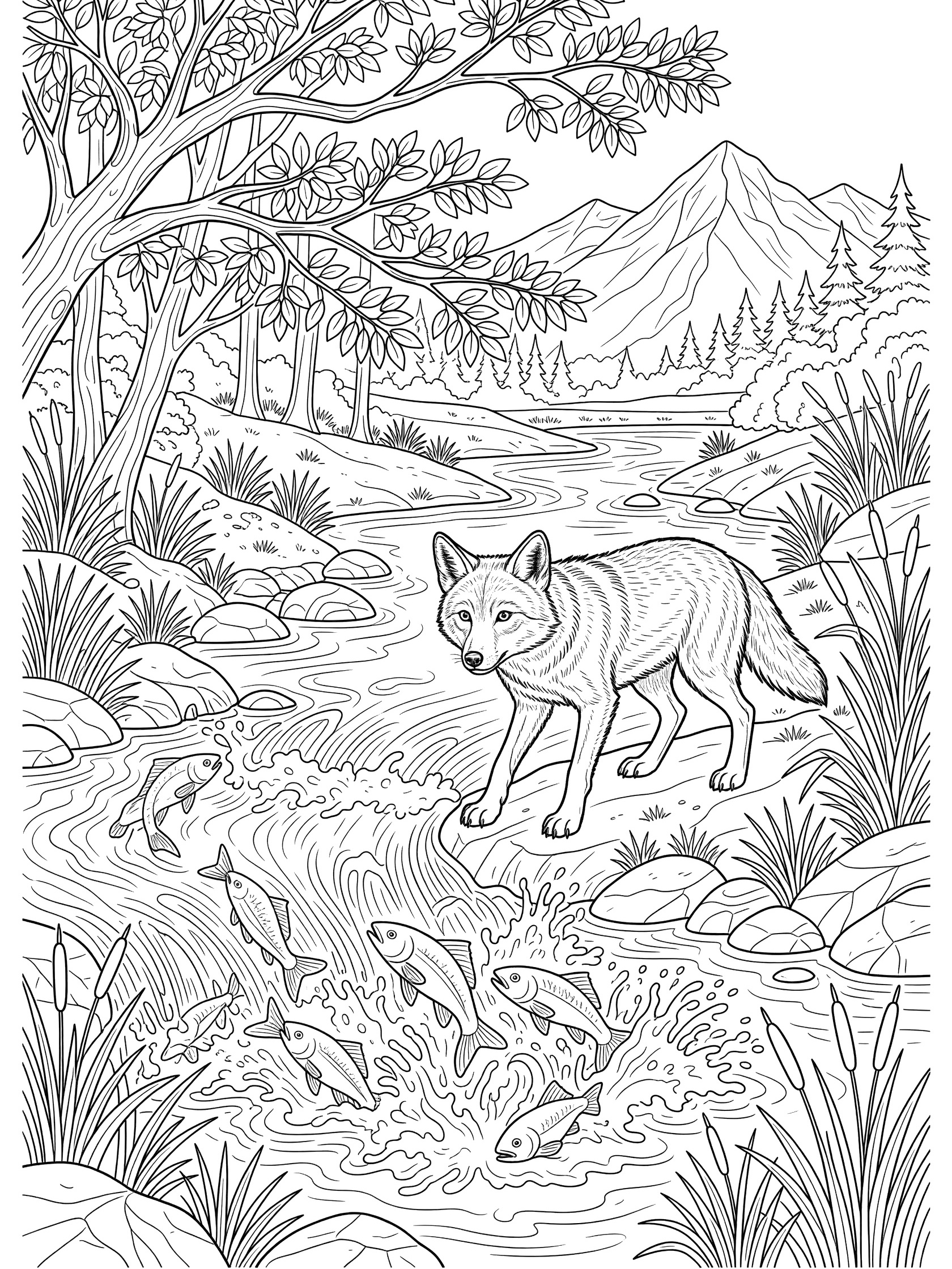 Black and white line art coloring page showing a fox walking near a stream filled with jumping fish, surrounded by rocks, tall reeds, overhanging tree branches, and distant mountains. Coyote themed black and white printable line art
