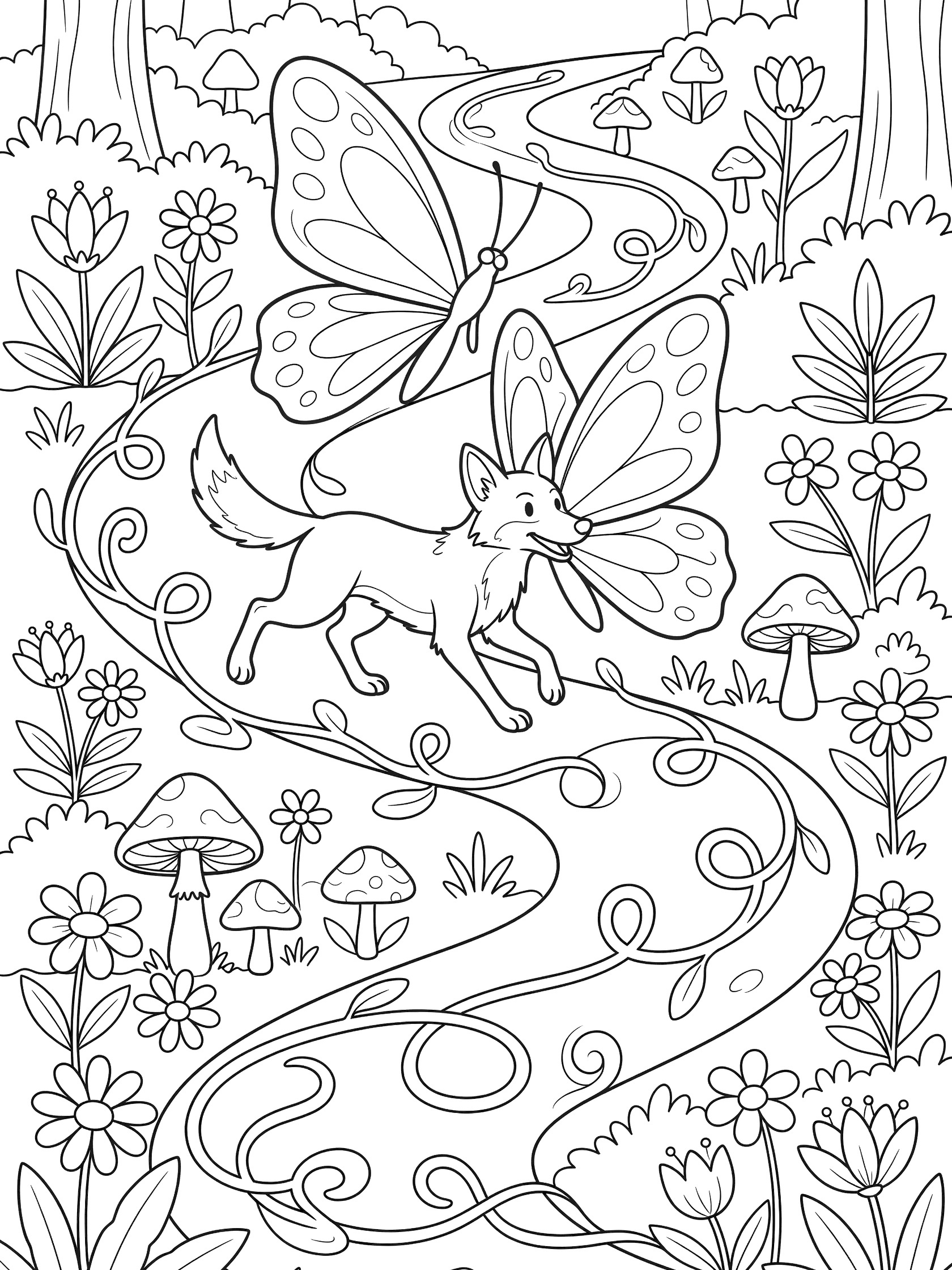 Black and white line art coloring page showing a playful fox running after large butterflies on a curvy forest path surrounded by mushrooms, wildflowers, swirling vines, ferns and bushes. Coyote themed black and white printable line art