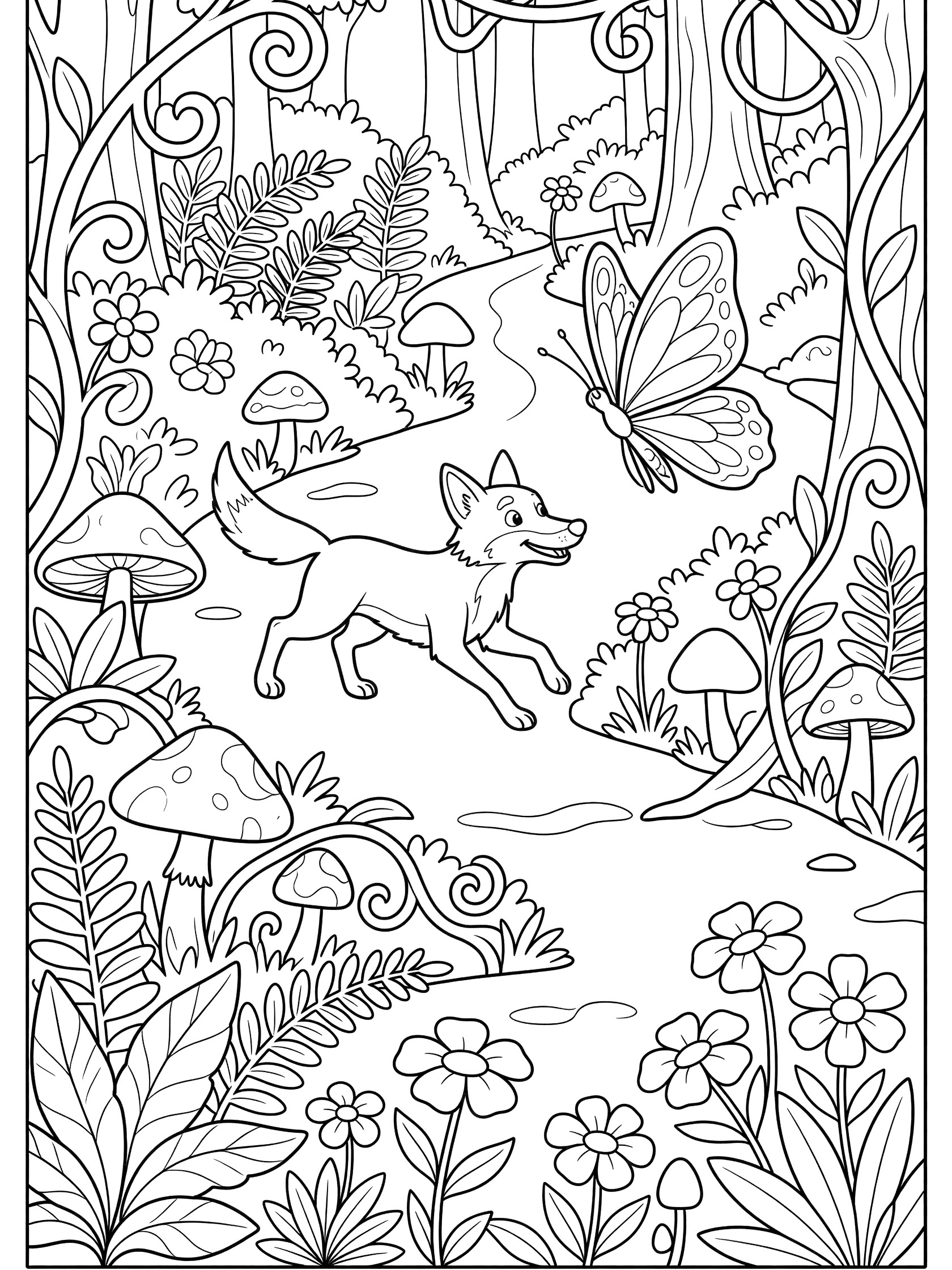 Black and white line art coloring page showing a fox chasing a butterfly along a forest path with swirling vines, mushrooms, ferns, bushes and wildflowers. Coyote themed black and white printable line art