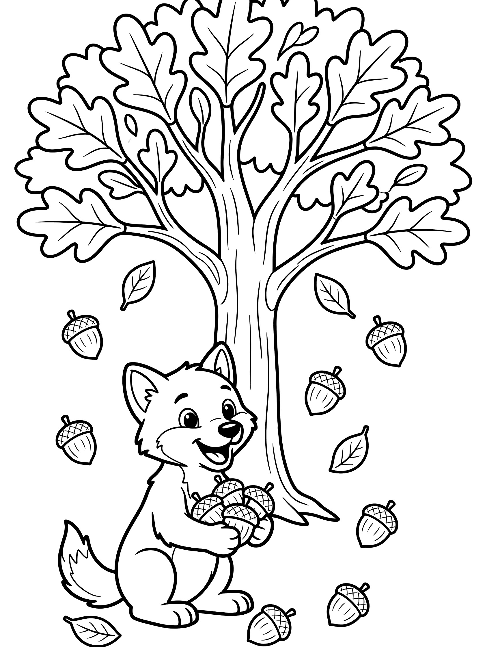 Black and white coloring page showing a happy fox cub sitting and holding an acorn under an oak tree with acorns and leaves falling around. Wolf themed black and white printable line art