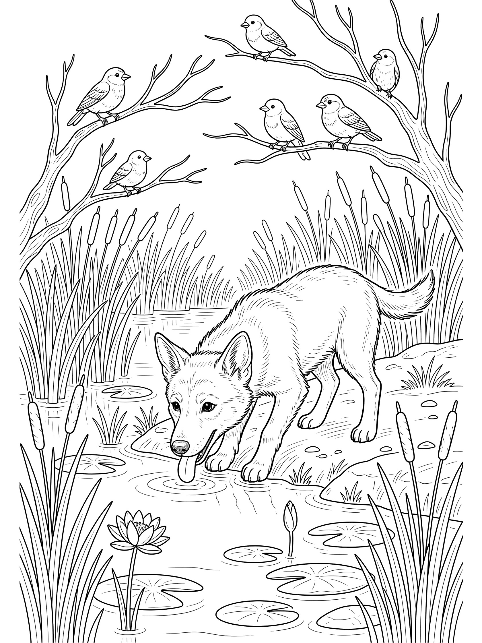Black and white line art coloring page showing a fox bending down to drink from a pond surrounded by reeds and water lilies, with small birds perched on nearby branches. Wild Dog themed black and white printable line art