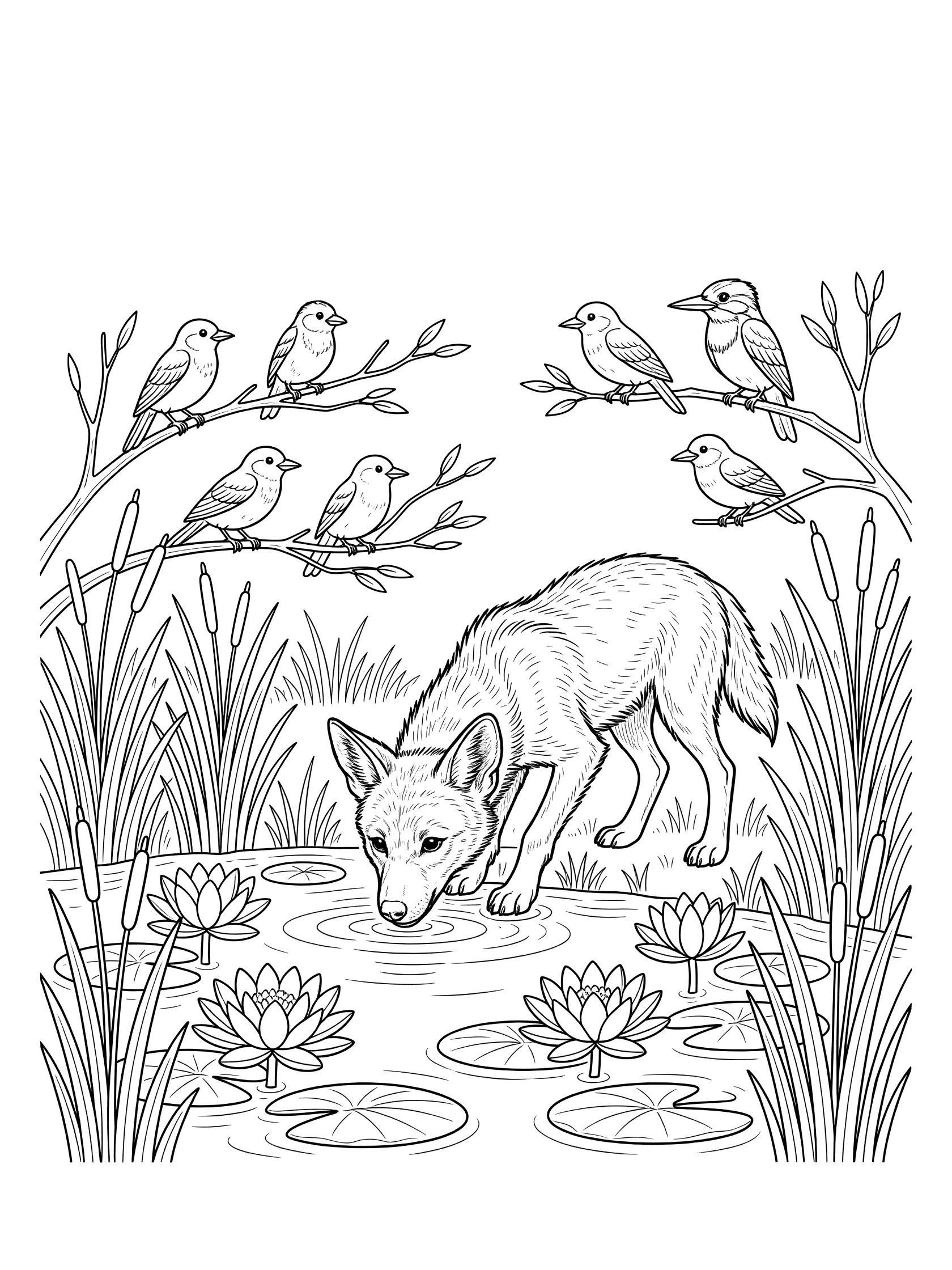 Black and white line art coloring page showing a fox bending to drink from a pond surrounded by reeds and lily pads, with several birds perched on nearby branches. Wild Dog themed black and white printable line art