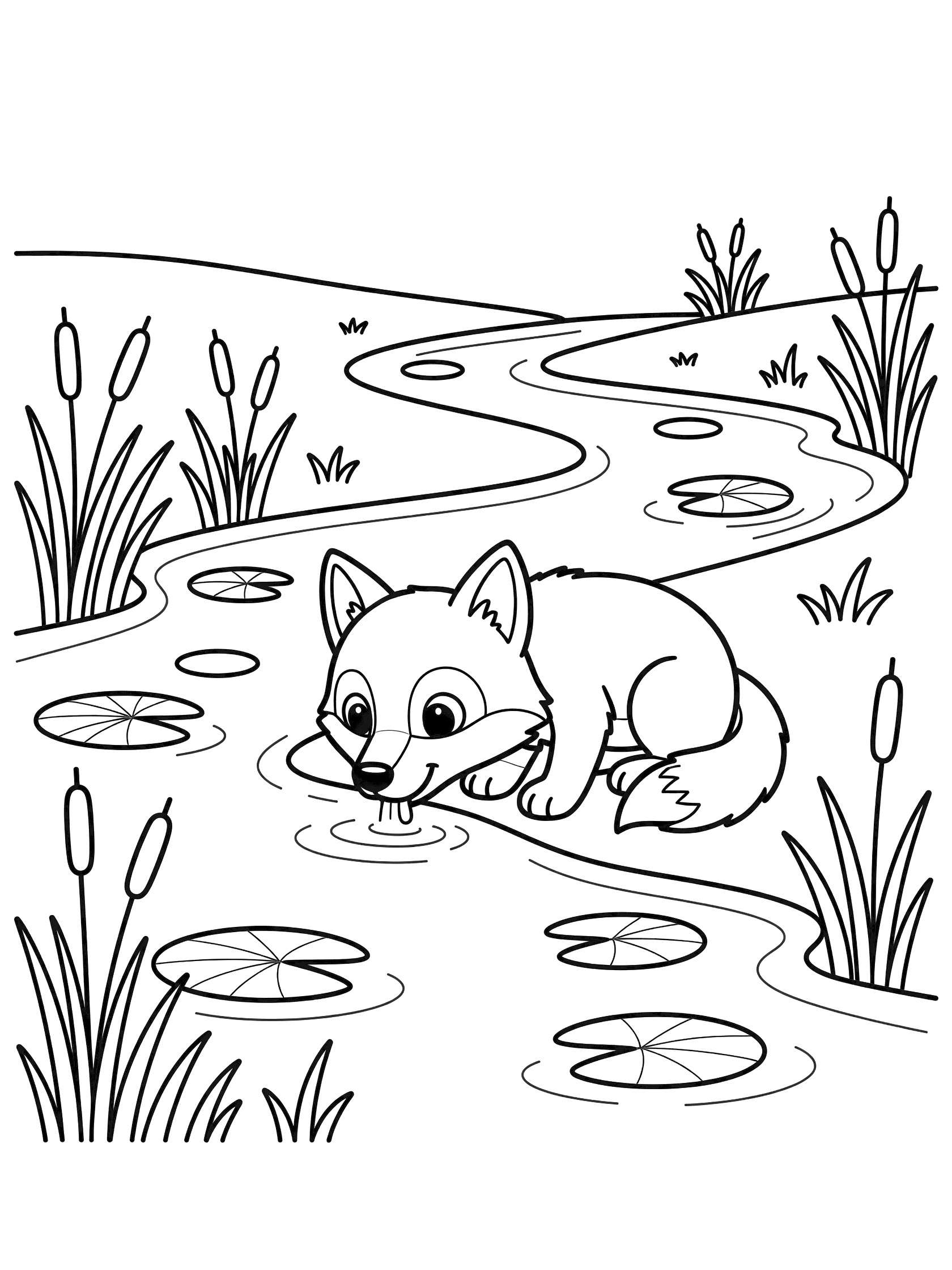 Black and white line art coloring page showing a fox with big eyes bending down to drink from a winding stream surrounded by lily pads and tall reeds. Wolf themed black and white printable line art