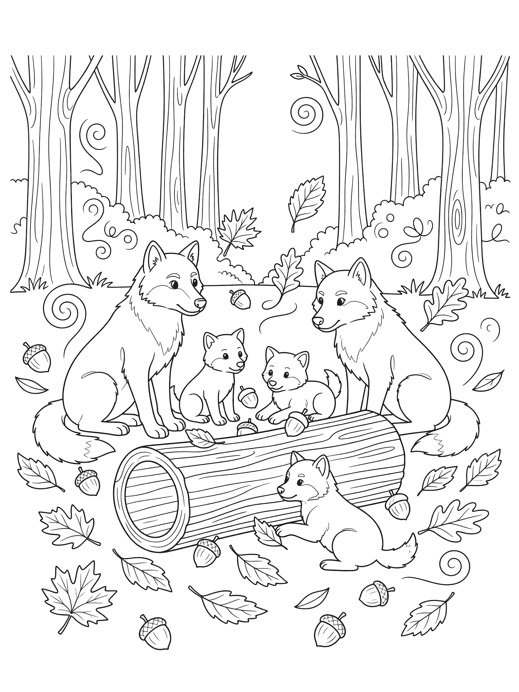 Black and white line art coloring page of a fox family sitting together on a hollow log with acorns and autumn leaves in a forest setting. Wolf themed black and white printable line art
