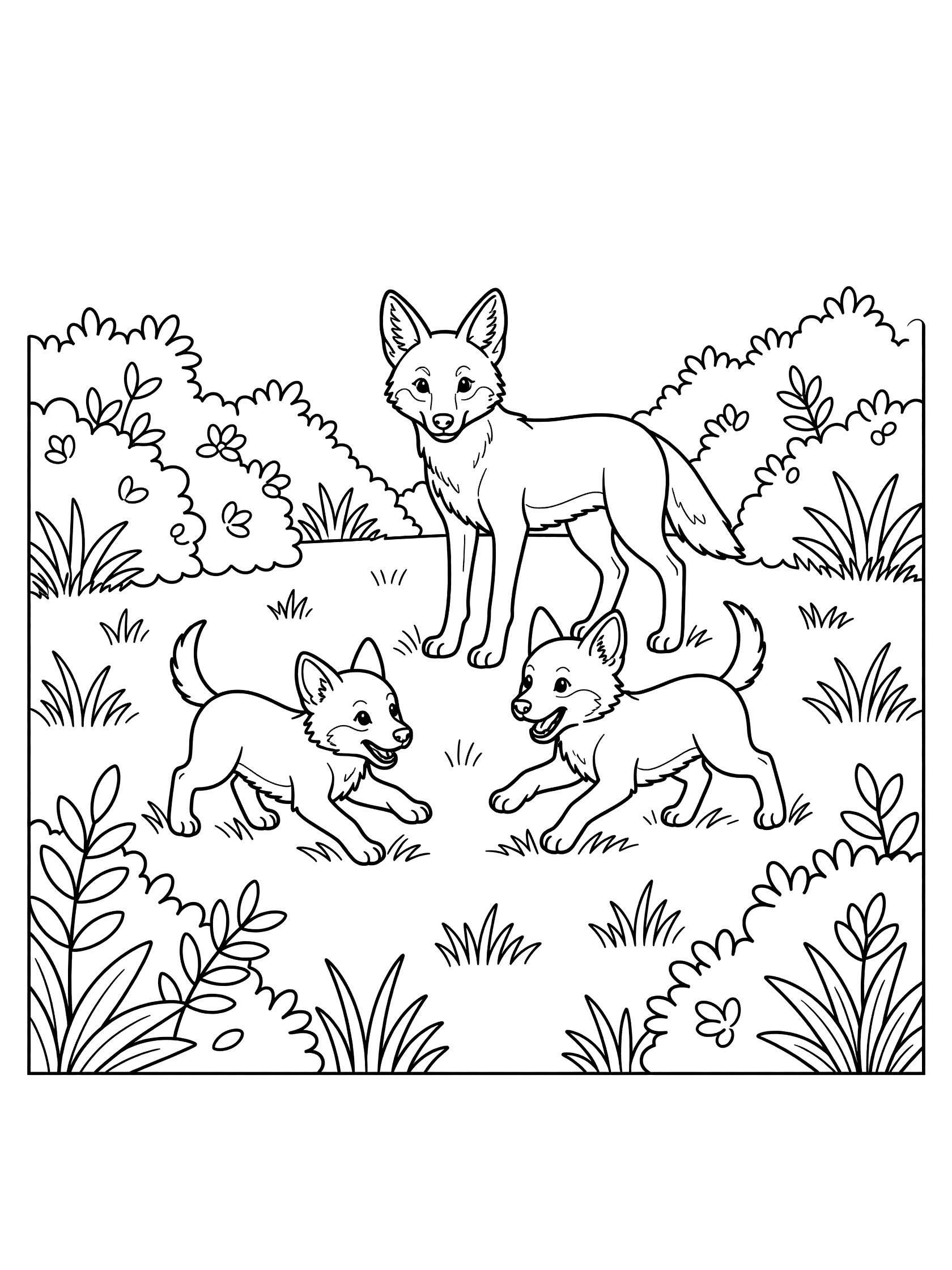 Black and white line art coloring page showing a mother fox standing with two fox pups tumbling and chasing in grassy area surrounded by bushes. Jackal themed black and white printable line art