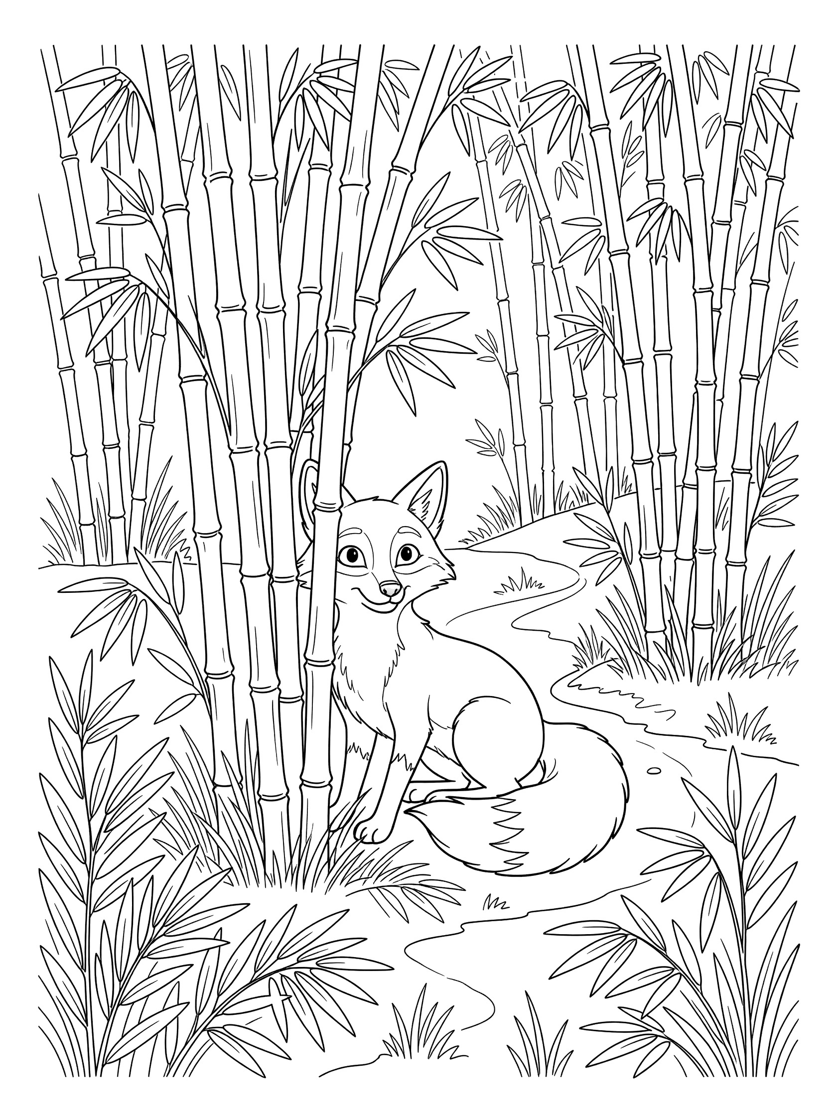 Whimsical line art coloring page showing a fox hiding behind slender bamboo stalks in a bamboo forest, with wide eyes, perked ears, and curling tail.