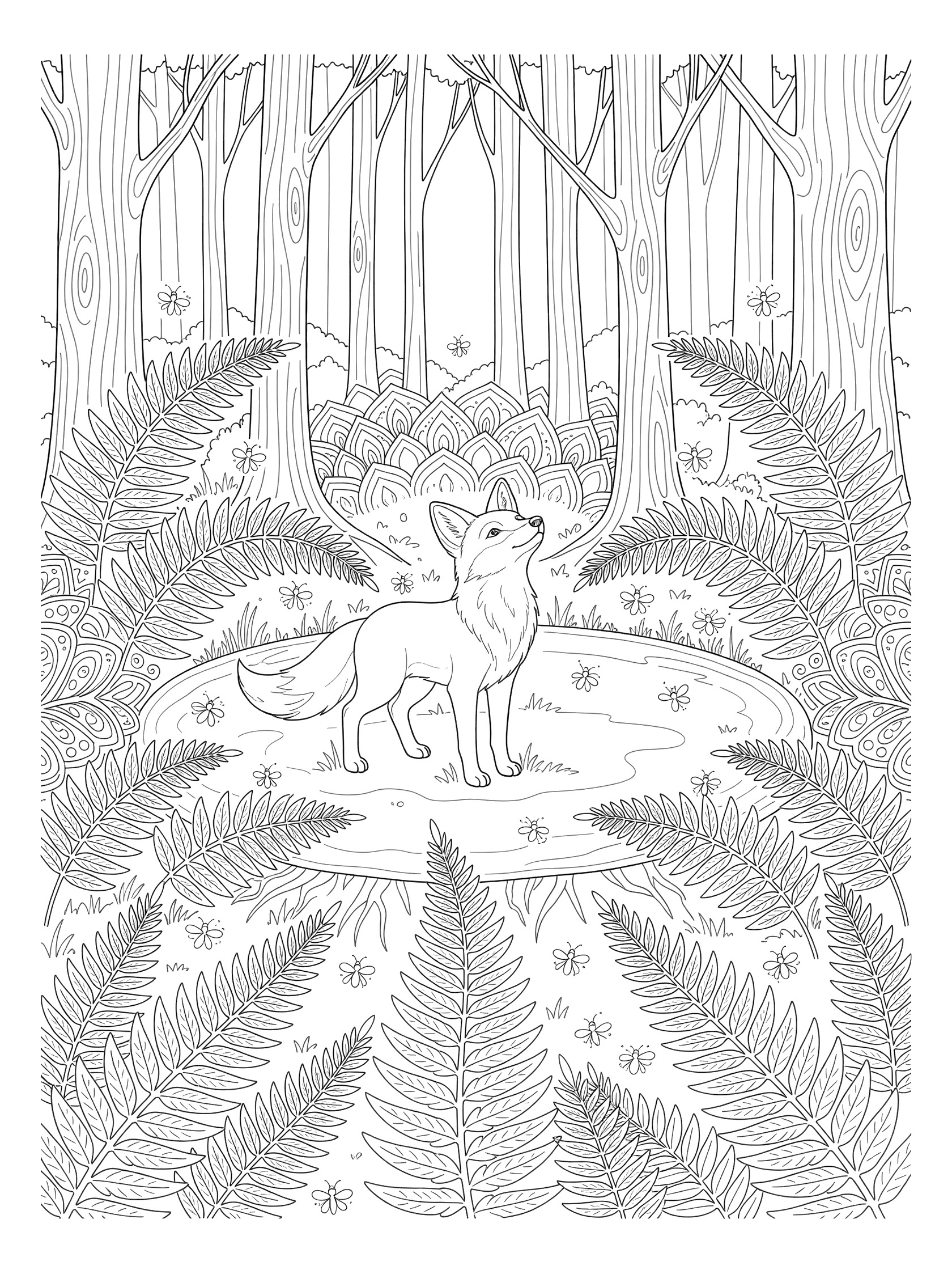 Black and white line art of a fox in a moonlit forest with trees, ferns, circular patterns, and dots around it