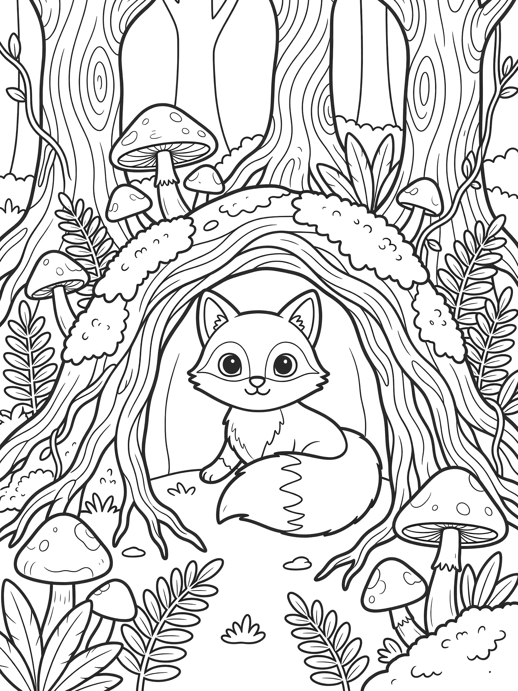 Black and white line art of a fox sitting in a tree root hideaway surrounded by mushrooms, ferns, and tall trees in a forest.
