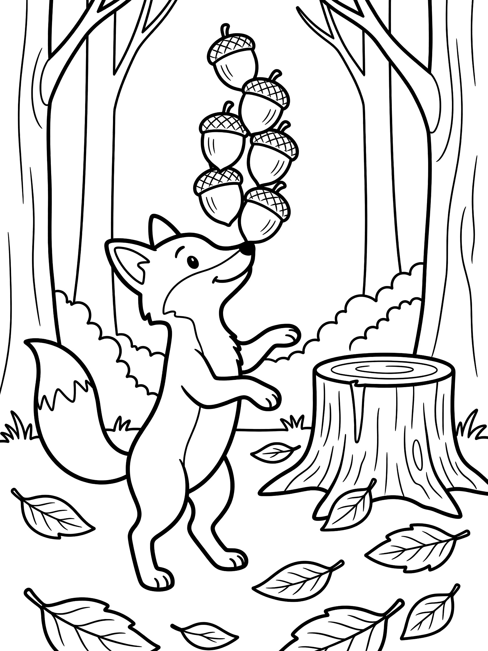 Black and white line art coloring page showing a fox balancing a stack of acorns on its nose while standing on hind legs in the woods with trees, stump, and leaves.
