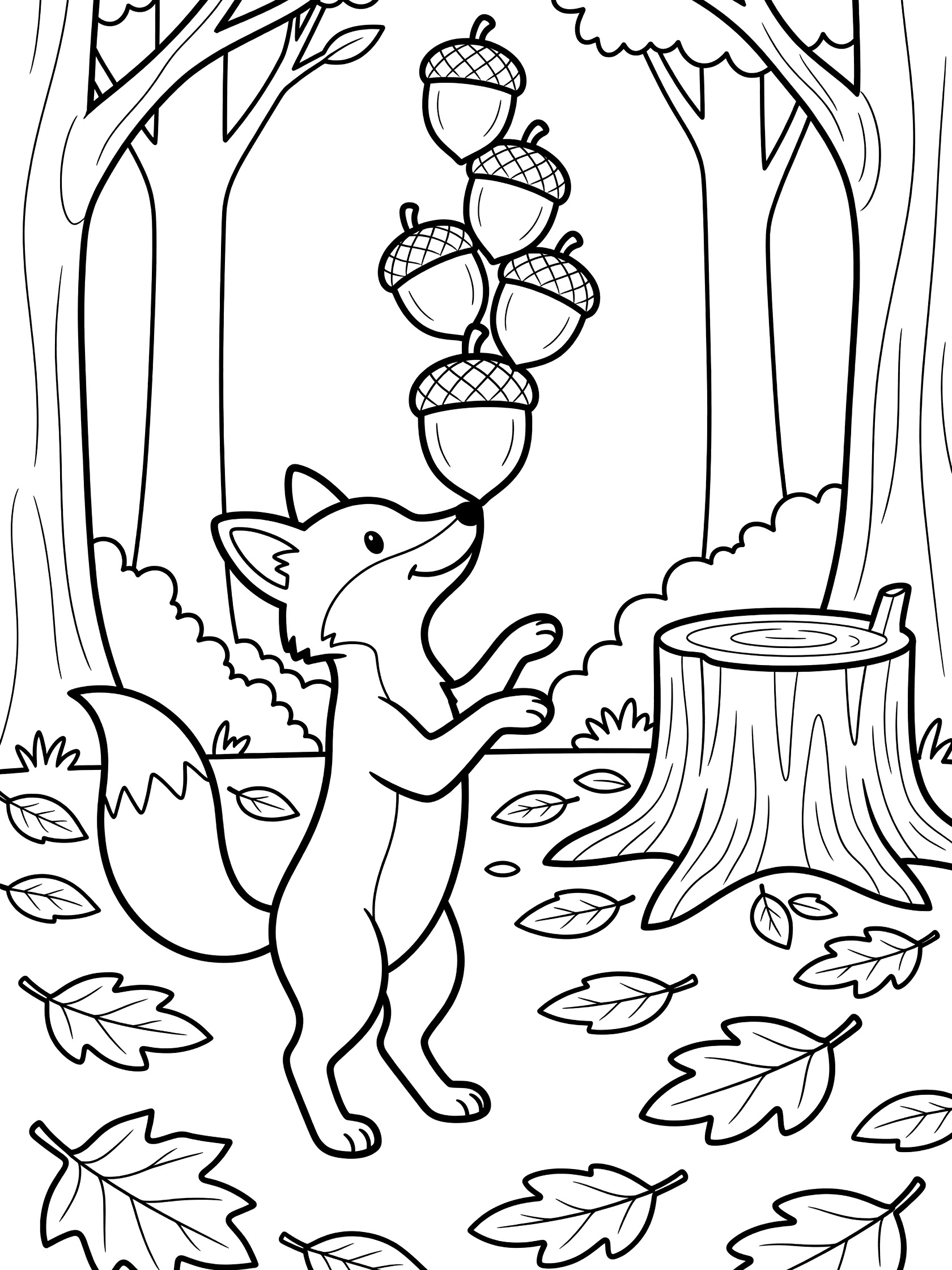 Black and white line art coloring page showing a fox standing on hind legs balancing a stack of acorns on its nose, surrounded by forest trees, fallen leaves, and a tree stump.