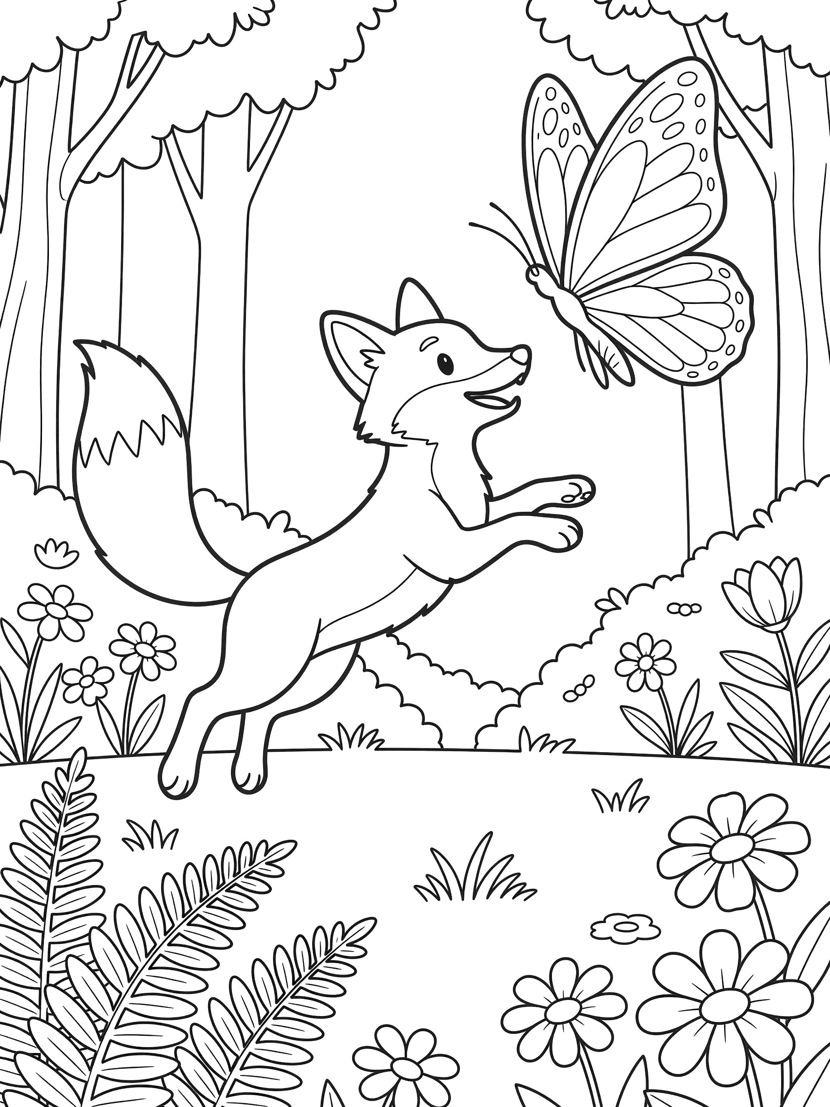 Black and white line art coloring page showing a fox jumping with paws outstretched toward a large butterfly, surrounded by forest trees, ferns and flowers.