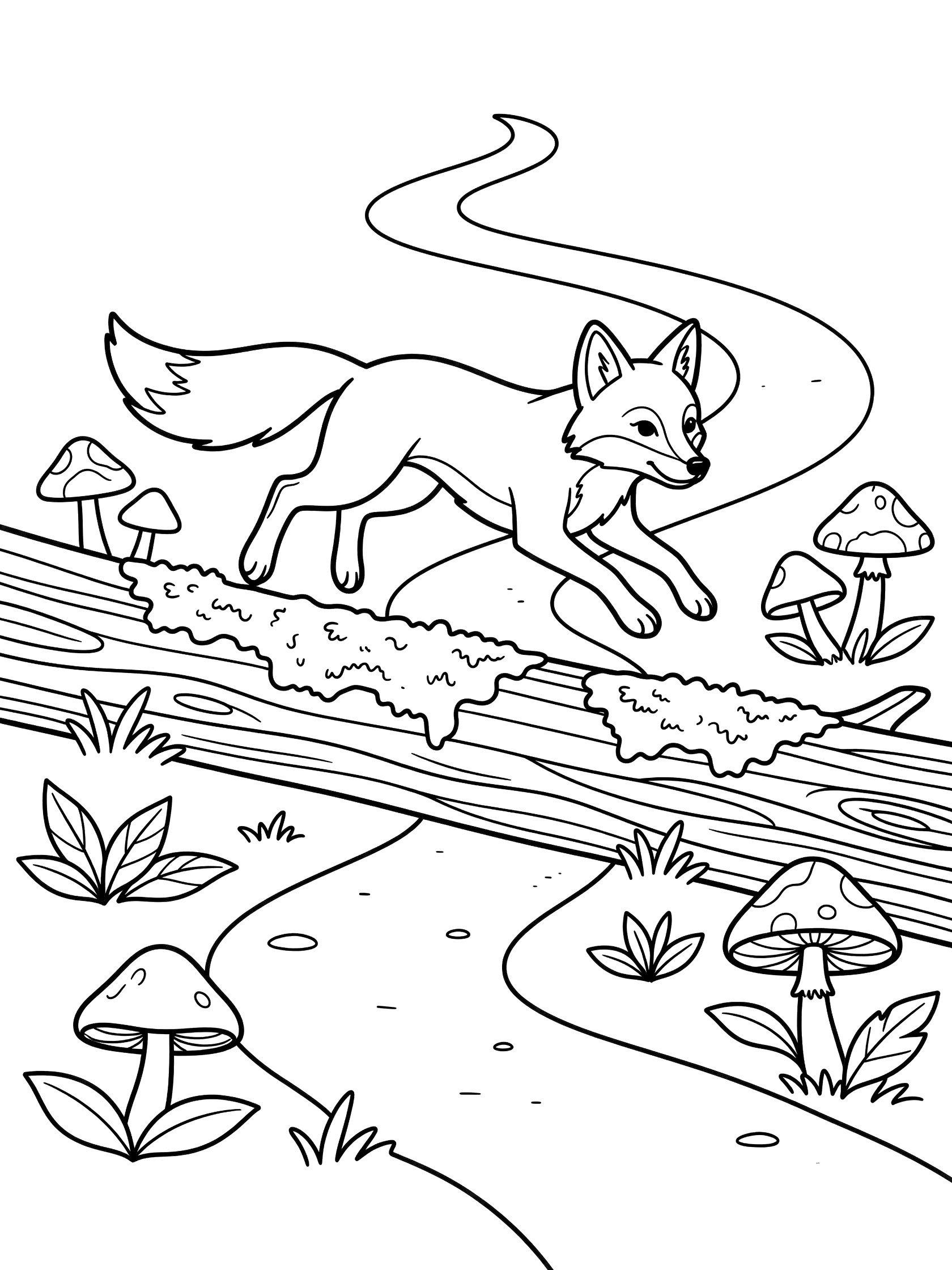 Black and white line art coloring page showing a fox mid-jump over a mossy log on a winding forest path surrounded by mushrooms and leaves.