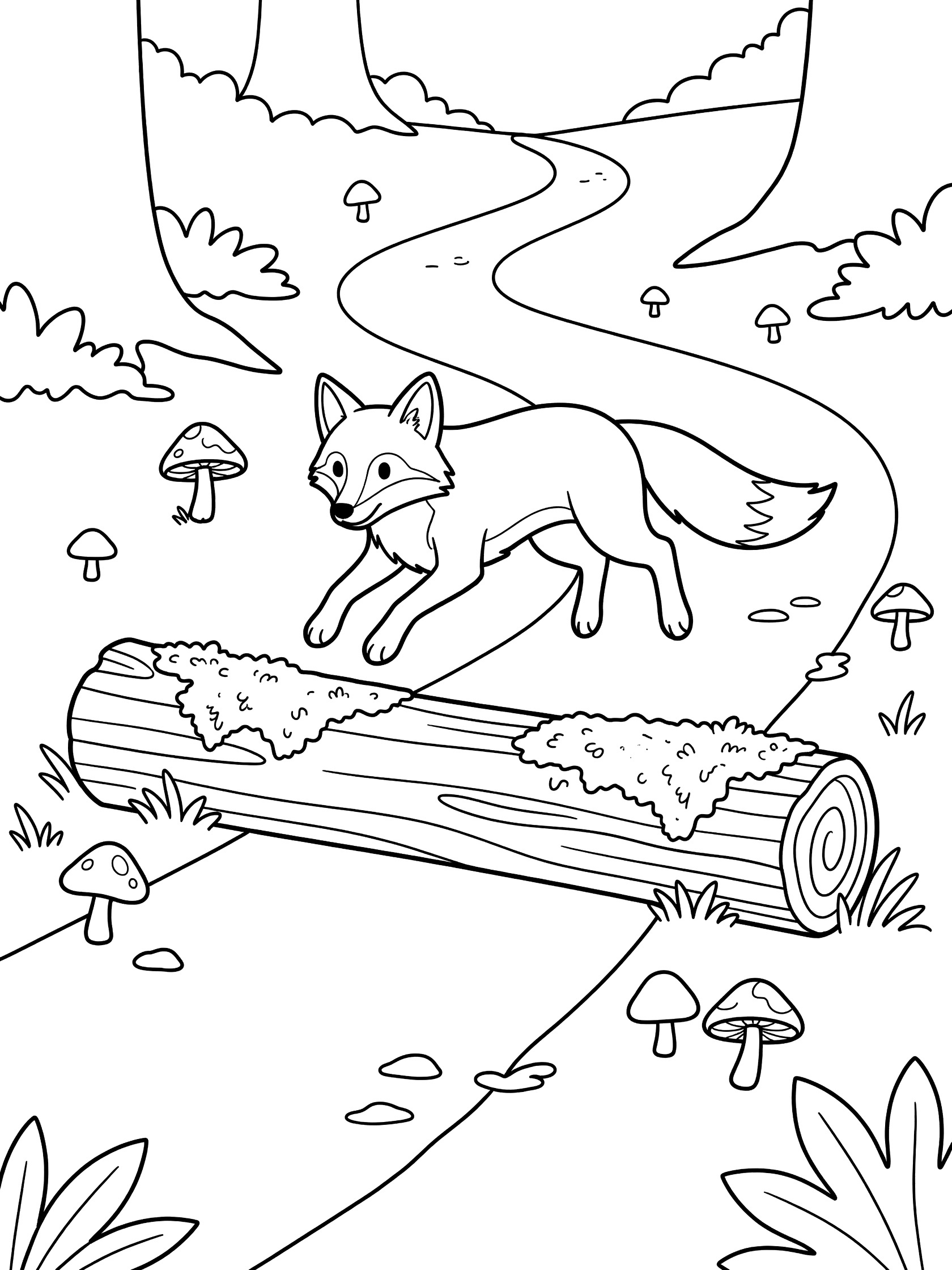 Black and white line art coloring page showing a fox mid-jump over a mossy log on a winding forest path surrounded by trees, mushrooms, and leaves.
