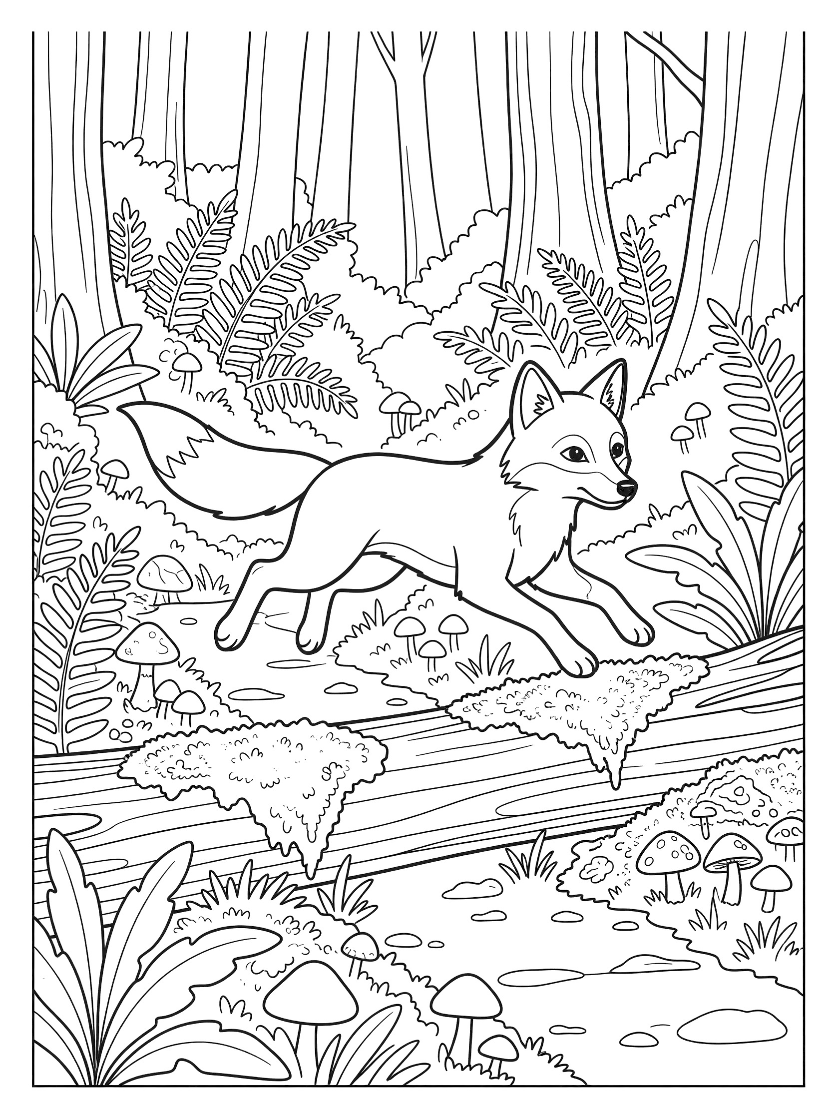 Black and white line art coloring page showing a fox jumping over a mossy log in a forest with ferns, mushrooms, and trees.