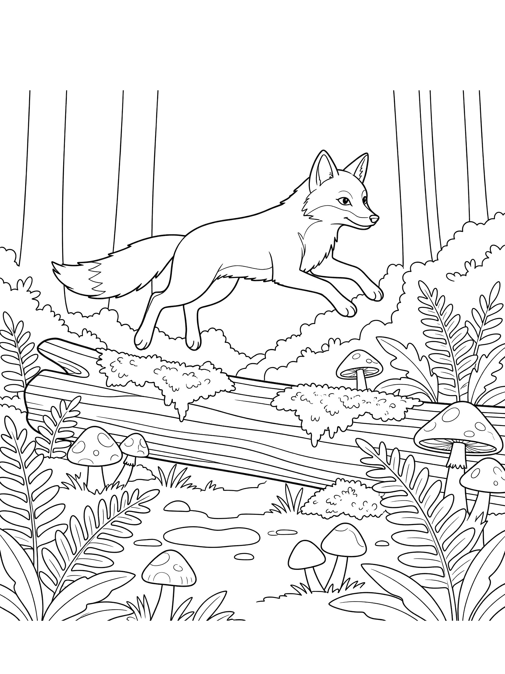 Black and white line art coloring page showing a fox jumping over a mossy log surrounded by ferns and mushrooms in a forest.