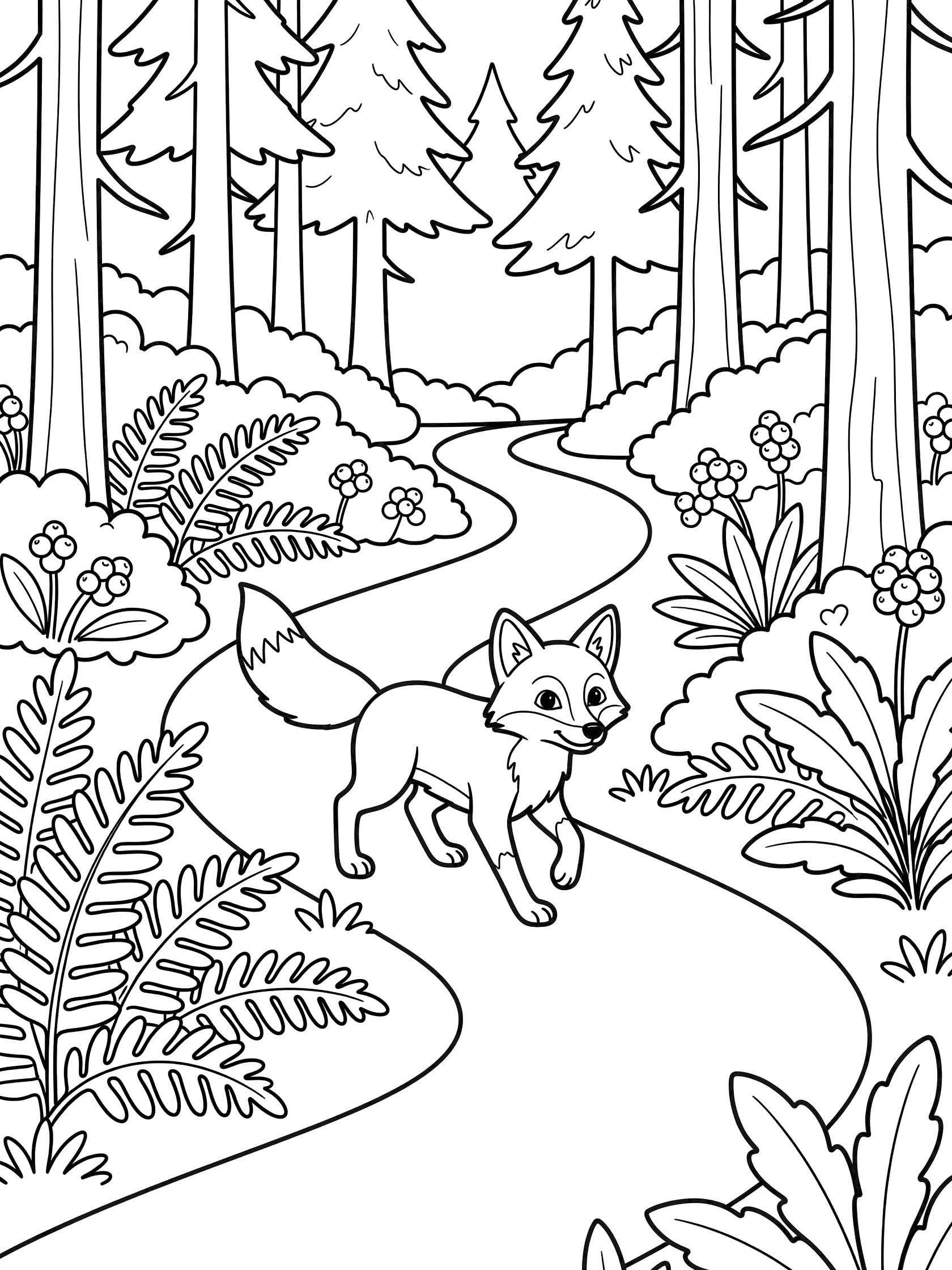 Black and white line art coloring page showing a fox trotting on a curved path through a forest with trees, ferns, flowers, berries, and bushes. Pacific North West Forests themed black and white printable line art