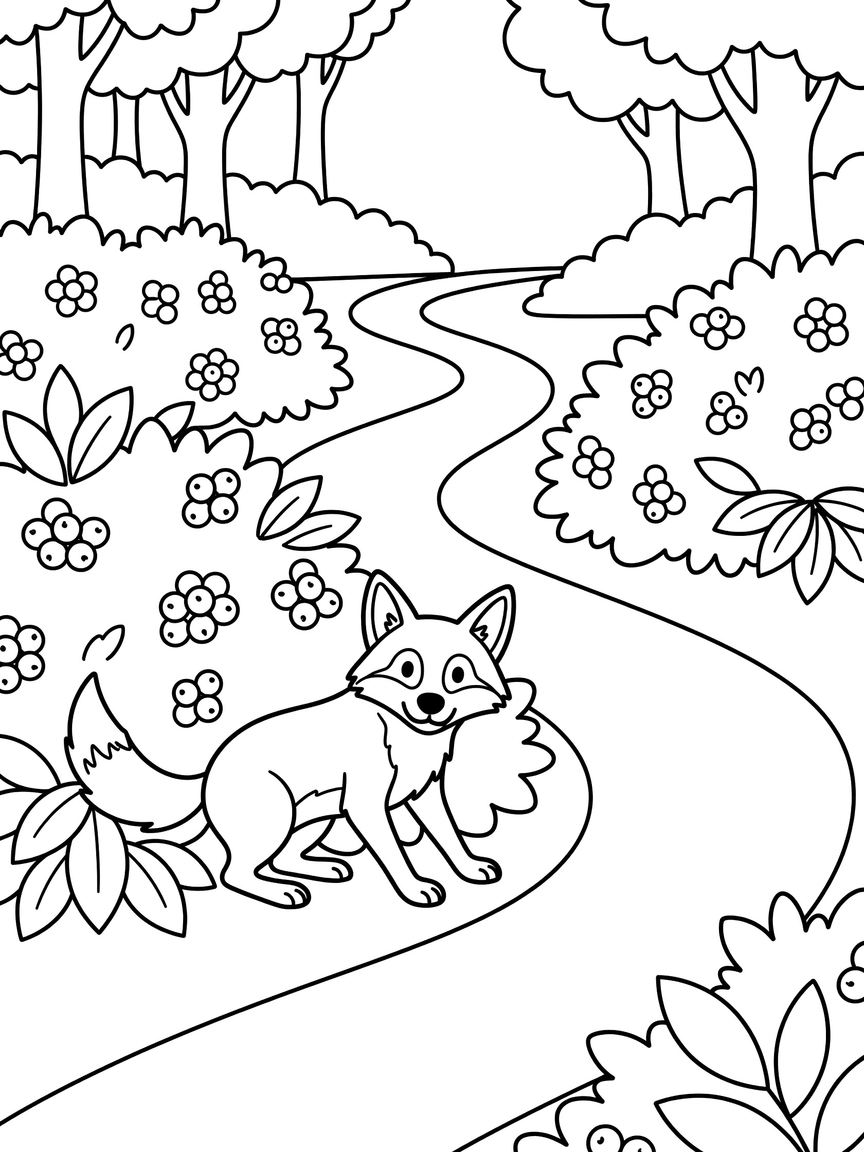Black and white line art coloring page showing a fox standing on a curvy path in a forest with tall trees, leafy bushes, berries, and small flowers. Coyote themed black and white printable line art