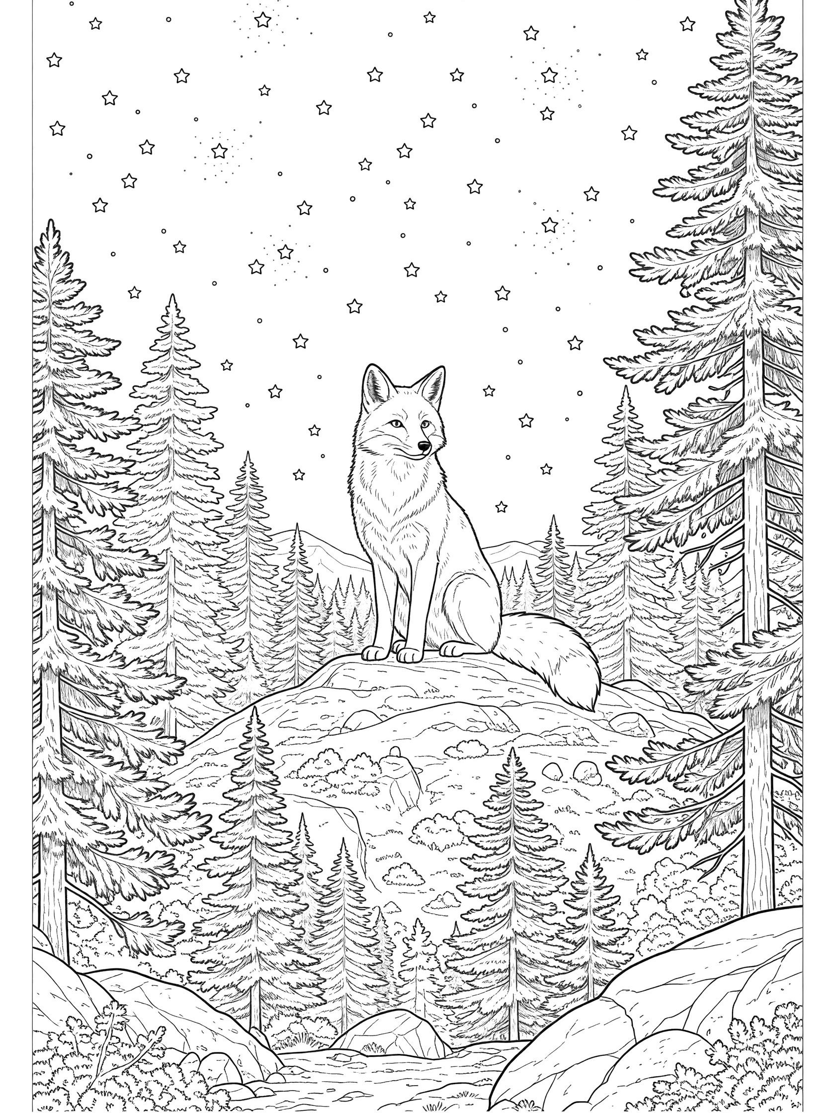 Black and white line art coloring page showing a fox sitting on a rocky hill in a forest under a starry night sky with tall pine trees.